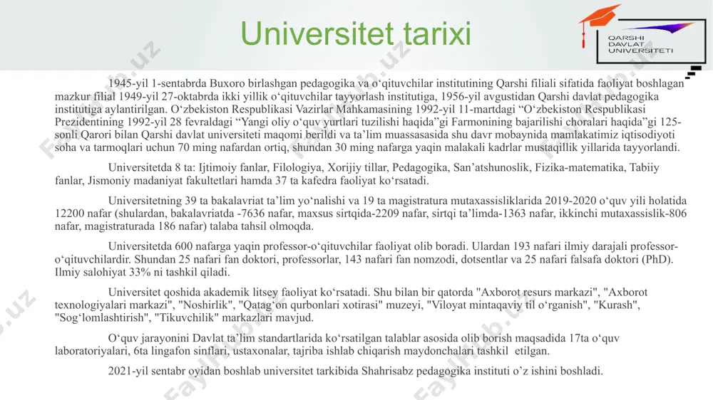vlat ta’lim standartlarida ko‘rsatilgan talablar asosida olib borish maqsadida 17ta o‘quv laboratoriyalari, 6ta lingafon sinflari, ustaxonalar, tajriba ishlab chiqarish maydonchalari tashkil etilgan. 2021-yil sentabr oyidan boshlab universitet tarkibida shahrisabz pedagogika instituti o’z ishini boshladi. universitet tarixi buxoro davlat pedagogika va o‘qituvchilar birlashgan instituti qarshi filiali direktorlari: 1. katta o‘qituvchi umar davronov (1945-1948) 2. katta o‘qituvchi tursun tojiyev (1949-1951) qarshi o‘qituvchilar tayyorlash instituti direktorlari: 1. katta o‘qituvchi barot muzaffarov (1951-1954) 2. katta o‘qituvchi a’zam shermatov (1954-1955) 3. katta o‘qituvchi azim samadov (1955-1958) qarshi davlat pedagogika instituti rektorlari: 1. professor qurbon o‘ljaboyev (1958-1964, 1967-1972) 2. professor orif ikromov (1964-1967) 3. dotsent odil murodov (1972-1975) 4. professor narimon jabborov (1975-1977) 5. professor muhammad boltayev (1977-1986) 6. professor nortosh o‘ljaboyeva (1986-1992) universitetda rahbarlik qilgan professorlar ro’yxati qarshi davlat universiteti rektorlari: 1. akademik to‘lqin bekmurodov (1992-1997) 2. professor nazar hakimov (1997-2001) 3. professor gulmirza xudoyberganov (2001-2005) 4. professor boynazar yo‘ldoshev (2005-2009) 5. professor murodulla normuradov …