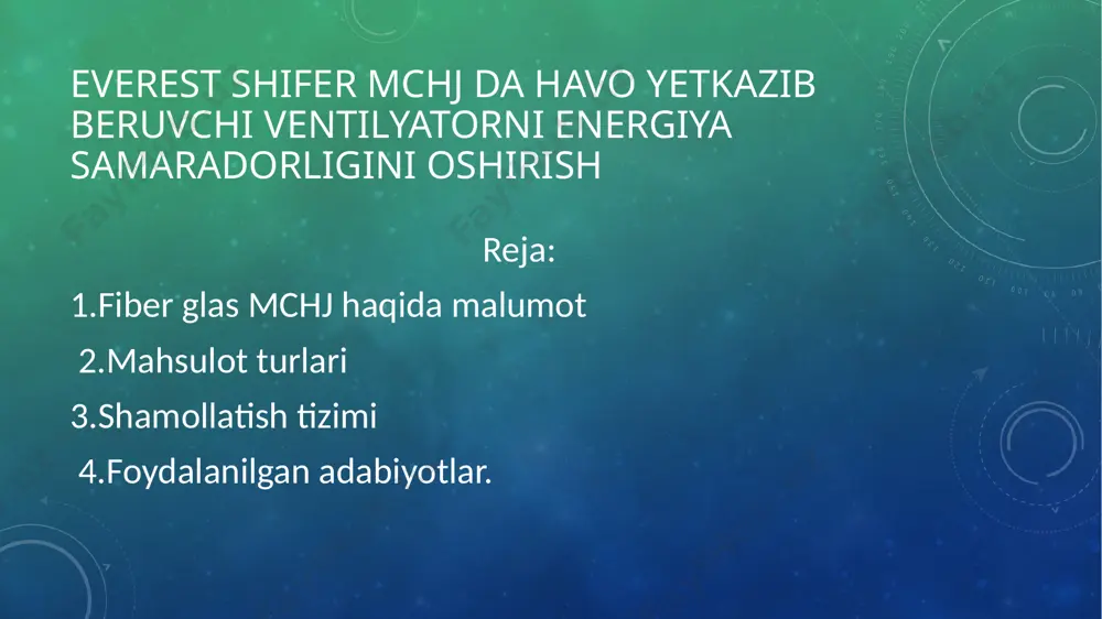 ogik uskunalar ro'yxati quyida keltirilgan. № p/p naimenovanie oborudovaniya kol-vo ustanovlennaya moshnost (kvt) koeffitsient ispolzovaniya. ki=ks*kz raschetnaya potreblyaemaya moshnost (kvt) izgotovlenie steklonitey 1 komplekti stekloplavilnix pechey 75 11 0,95 784 2 nasosi dlya masla 5 5 0,85 21 3 drobilka 2 3 0,5 3 4 meshalka 1 3 0,5 1,5 izgotovlenie rublyonogo steklovolokna 5 rejushiy stanok 3 5 0,6 9 izgotovlenie steklorovinga 6 sushilnie kameri 2 2 0,6 2,4 7 rovingovalnaya mashina 4 1,5 0,75 4,5 izgotovlenie steklosetki i steklotkani 8 stanok dlya razmotki steklovolokna 2 15 0,8 24 9 tkatskiy stanok 16 1,5 0,8 19 10 mashini dlya naneseniya akrila i sushki 1 12 0,6 7,2 osveshenie 11 osveshenie territorii 10 0,1 0,85 0,85 12 osveshenie proizvodstva 39 0,1 0,85 3,3 itogo: 955 840,75 korxonaning barcha elektr qurilmalari va quvvatlari 2.tayyor bo’lgan mahsulotni kley yordamida mustahkamlash tayyor mahsulot shisha tolani eritishni ishlash prinspi 3. ventilyatsiya tizimi korxonada bitta ventilyatsiya …