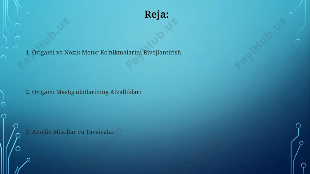 ча яхшиланишини ақшнинг таълим муассасаларидаги кузатувлар кўрсатган. origami bilan shugʻullanish 5-7 ёшли болаларда бармоқларнинг майда ҳаракатларини яхшилайди, бу эса кейинчалик ёзув малакаларини ривожланишига ёрдам беради, хусусан, ўзбекистоннинг мактаб таълим дастурларидаги ёзув кўникмаларига. nozik motorikaning ahamiyati ta'limda samarqand shahridagi maktabgacha ta’lim muassasalarida o‘tkazilgan tajriba shuni ko‘rsatdiki, origami bilan muntazam shug‘ullanish bolalarning yozuv ko‘nikmalarini 15% oshirishga yordam beradi. nozik motorika rivojlanishi uchun origami, bolaning 2 qo‘lining muvofiqlashtirilgan harakatlarini talab qiladi va bu 10 ta har xil katlama texnikasini o‘zlashtirishga olib keladi. muammolarni echish qobiliyati murakkab origami modellarini yaratish jarayoni, 5 yoshdan 10 yoshgacha bo'lgan bolalarda muammolarni tahlil qilish, turli xil yechimlarni topish va eng samarali usulni tanlash qobiliyatlarini sezilarli darajada yaxshilaydi, masalan, andijon viloyatida o'tkazilgan kuzatuvlar shuni ko'rsatdi. origami mashg'ulotlari davomida bolalar 10 dan ortiq qadamlarni o'z ichiga olgan ko'rsatmalarga rioya qilishni o'rganadilar, bu esa muammolarni ketma-ketlikda hal qilish va mantiqiy fikrlash qobiliyatlarini rivojlantiradi, xususan, samarqanddagi ta'lim muassasalarida o'tkazilgan sinovlarda. diqqatni jamlash …