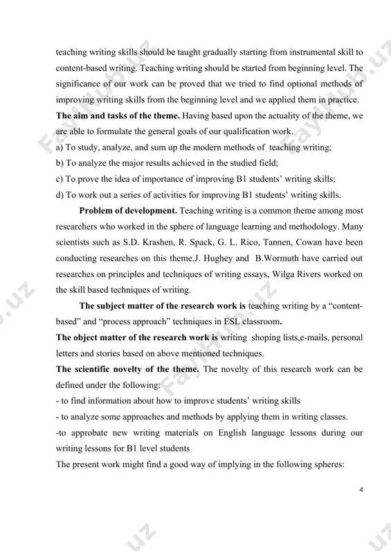 the conclusion part our qualification work we tried to draw some results from the scientific investigations made within the main part of the qualification work. in bibliography part we mentioned more than 20 sources which were used while compiling the present work. it includes linguistic books and articles dealing with the theme, a number of used encyclopedias, textbooks and some internet sources. chapter 1 theoretical assumption of the thesis on teaching writing in esl classrooms 1.1 cefr requirements for b1 level in writing it is known that the common european framework (cefr)provides a common basis for the elaboration of language syllabuses, curriculum guidelines, examinations, textbooks, etc. across europe. it describes in a comprehensive way what language learners have to learn to do in order to use a language for communication and what knowledge and skills they have to develop so as to be able to act effectively.thedescriptionalsocoverstheculturalcontextinwhich language is set. …