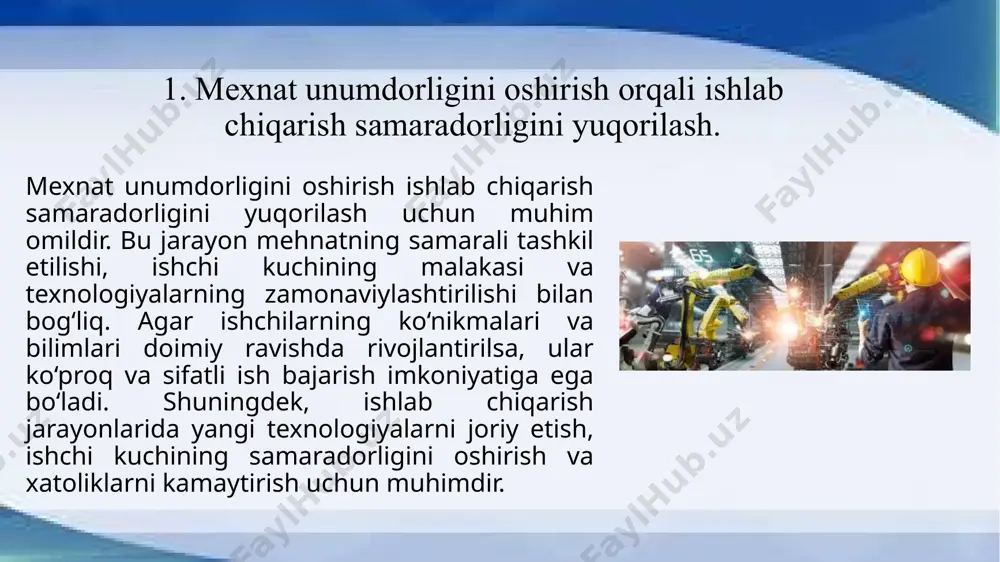 . ta'lim tizimining takomillashtirilishi va ishchilarga zamonaviy bilimlar hamda ko‘nikmalarni o‘rgatish, ularning samaradorligini sezilarli darajada oshiradi. malaka oshirish kurslari va doimiy treninglar orqali ishchilar yangi texnologiyalarni o‘zlashtiradi, bu esa ish jarayonlarini tezlashtiradi va xatoliklarni kamaytiradi. bundan tashqari, yuqori malakali ishchilar innovatsion g‘oyalar yaratishga, ishlab chiqarish jarayonlarini optimallashtirishga va kompaniya raqobatbardoshligini oshirishga hissa qo‘shadi. ta'lim va malaka oshirish ishchi kuchining sifatini oshirishda muhim rol o‘ynaydi. zamonaviy va malakali ishchilar, yangi texnologiyalarni o‘rganish va o‘zlarining kasbiy bilimlarini doimiy ravishda oshirib borish orqali ishlab chiqarish jarayonlarini yanada samarali bajaradilar. malaka oshirish dasturlari, kurslar va treninglar orqali ishchilar nafaqat o‘z bilimlarini yangilab boradi, balki innovatsion usullarni qo‘llash imkoniyatiga ega bo‘ladilar. bunday ishchilar samarali ishlash, xatoliklarni kamaytirish va ishlab chiqarishni tezlashtirishda yuqori natijalarga erishadilar. ta'lim va malaka oshirish orqali ishchi kuchining sifatini oshirish, kompaniyaning raqobatbardoshligini kuchaytiradi va iqtisodiy o‘sishning asosiy omiliga aylanadi. etiboringiz uchun rahmat! image1.jfif image2.jpeg image3.jpeg image4.jpeg /docprops/thumbnail.jpeg