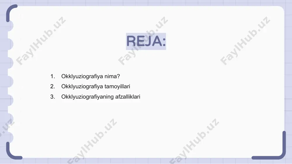 ing uzoq umr va funksionalligini oshiradi. shuningdek, u okklyuzion shovqinlarni aniqlashga yordam beradi, tish protezlarining optimal moslashishi va funktsiyasini ta'minlaydi. okklyuziografiyaning qo'llanilishi okklyuziografiya - bu turli tizimlardagi okklyuzionlarni ko'rish va o'rganish uchun ishlatiladigan usul. tibbiyot sohasida, masalan, okklyuziv kasalliklarni tashxislash va davolashda ko'plab ilovalar mavjud. okklyuziografiya muhandislikda suyuqlik oqimini o'rganish va quvurlardagi blokirovkalarni aniqlash uchun ham ishlatilishi mumkin. okklyuziografiya jarayoni okklyuziografiya jarayoni okklyuzionni tahlil qilish va bemorning interkuspal holatini qayd etishni o'z ichiga oladi. bu artikulyar qog'oz va mum kabi turli diagnostika usullari orqali amalga oshiriladi. okklyuziografiya jarayonida tish shifokori bemorning tishlashini baholaydi va har qanday nomuvofiqlik yoki tartibsizliklarni aniqlaydi. bu temporomandibulyar kasalliklar kabi kasalliklarni tashxislash va davolashni rejalashtirishda yordam beradi. okklyuziografiya okklyuziya dinamikasini va uning umumiy og'iz salomatligiga ta'sirini tushunishda hal qiluvchi rol o'ynaydi. bu optimal stomatologik funktsiya va estetika uchun aniq va barqaror okklyuzion munosabatlarga erishishga yordam beradi. 1 2 3 okklyuziografiyadagi umumiy muammolar stomatologiyaning muhim qismi bo'lgan …