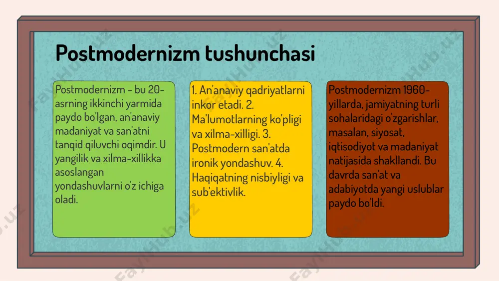 a ularning ijtimoiy qabul qilinishi muhokama qilinadi. bunday asarlar, o'z vaqtida ijtimoiy masalalar haqida yangi fikrlar va nuqtai nazarlarni taklif etadi, shuningdek, zamonaviy madaniyatda qabul qilinishining qanday o'zgarayotganini ko'rsatadi. postmodern adabiyot, shuningdek, o'z-o'zini tan olish, shaxsiy identitet va ijtimoiy tenglik kabi masalalarni ham o'z ichiga oladi. 1 2 universal gumanizm tushunchasi gumanizm - insoniyatning qadriyatlari va huquqlarini hurmat qilishga asoslangan falsafiy yo'nalishdir. u insonni markazga qo'yib, uning erkinligi, tengligi va adolati prinsiplarini ilgari suradi. gumanizm tirik mavjudotlarga teng qarashni ta'minlaydi, ya'ni har bir insonning hayoti va salomatligi muhimligini tan oladi. bu nuqtai nazar, jamiyatda adolat va hamdardlikni rivojlantirishga yordam beradi. gumanizm va insoniyat o'rtasida chuqur bog'liqlik mavjud. insoniyatning taraqqiyoti uchun gumanistik qadriyatlar zarur, chunki ular ijtimoiy va madaniy hayotning asosini tashkil etadi. universal gumanizmning asosiy tamoyillari universal gumanizm, inson huquqlari va erkinliklarini himoya qilishni maqsad qilgan bir tamoyil sifatida, insoniyatning taraqqiyoti uchun zarurdir. uning asosiy tamoyillari insonni qadrlash va hurmat …