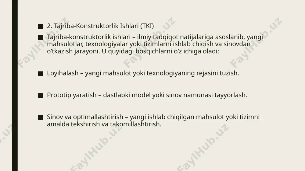 atining pastligi hal qilish yo‘llari: sanoat korxonalari va ilmiy muassasalar o‘rtasida aloqalarni kuchaytirish innovatsion mahsulotlarni bozorga chiqarish uchun maxsus investitsion fondlar yaratish ilmiy loyihalarni tadbirkorlikka integratsiya qilish orqali tijoratlashtirish 5. normativ-huquqiy baza va me’yoriy talablarning murakkabligi muammo: ittki jarayonlarini tartibga soluvchi qonun va qoidalarning murakkabligi patent olish va ilmiy ishlanmalarning mualliflik huquqlarini himoya qilishdagi qiyinchiliklar byurokratik to‘siqlar va uzoq davom etadigan rasmiyatchilik hal qilish yo‘llari: innovatsion faoliyatga oid qonunchilikni soddalashtirish va takomillashtirish ilmiy ishlanmalarni patentlash jarayonini tezlashtirish va soddalashtirish ilmiy tadqiqotlarni rivojlantirish uchun tadbirkorlarga huquqiy ko‘mak beruvchi markazlarni tashkil etish. bu muammolarni hal qilish orqali ilmiy tadqiqot va tajriba-konstruktorlik ishlarining samaradorligini oshirish va iqtisodiyotga foydasini kuchaytirish mumkin. e’tiboringgiz uchun rahmat image1.jpg image2.jpg image3.jpg image4.jpg image5.jpg image6.jpg 850498398