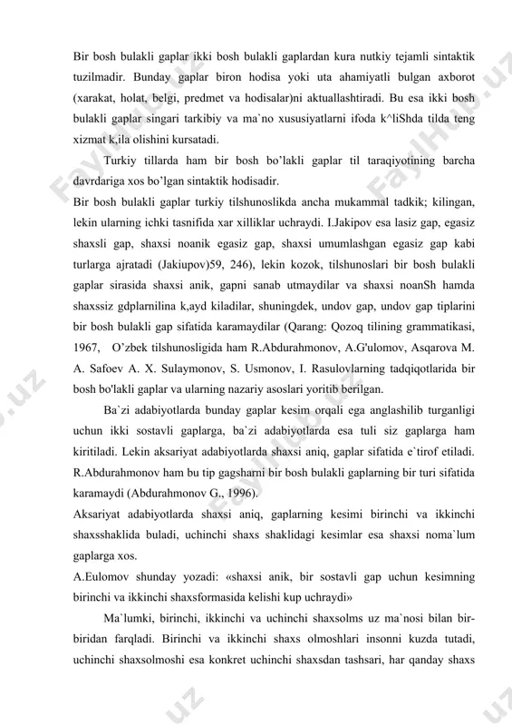 n kesimning birinchi va ikkinchi shaxsformasida kelishi kup uchraydi» ma`lumki, birinchi, ikkinchi va uchinchi shaxsolms uz ma`nosi bilan bir-biridan farqladi. birinchi va ikkinchi shaxs olmoshlari insonni kuzda tutadi, uchinchi shaxsolmoshi esa konkret uchinchi shaxsdan tashsari, har qanday shaxs yoki predmetni ifoda qilishi ma`lum. shunday ekan, uchinchi shaxsolmoshi konkret shaxsni ifodalaganda, birinchi, ikkinchi shaxsolmoshlari bilan umumishshkka ega buladi. bu vazifada u olmoshi men, sen olmoshlari sirasida k,aralishi lozim. shu ma`noda u olmoshining gapda kullanmasligi men, sen olmoshlarining kullanmasligi kabi sintaktik norma buladi. shuning uchun bu tip gaplar eski uzbek tilida: shaxsi umumlashgan gaplar. bunday gaplar mazmunan har uchala shaxsga taallukdi bulishi barcha adabiyotlarda aytiladi. `unday gaplar ikkinchi shaxsbirlikda kullanilishi bilan xarakterlanadi: muvashshsh xabarniu chindur deb dostga ietkurme va biravniuc aybiu vace` bolsa, yuzige urma (nav.mk,). k,iula algancha ta`zim va adab binasiun y`shma, va \urmat xilvatiudiun chiu^ma (nav.mk}. shaxssiz gaplar. bunday gaplarda ifodalangan ish-x;arakat ski biror holat bajaruvchining faol ishtirokisiz yuzaga chik.adi. …