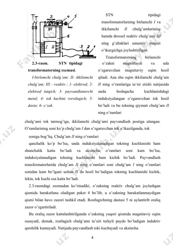 yvandlash posti. 1- tok tarmog’i; 2- rubilnik; 3- tok o’zgartirgich; 4,5- elektr simi; 6-zagatovka; 7- elektrod tutgich; 8- to’sin; 9- stol; 10- rostlagich. ta’minlanadigan elektrod diametriga moslab o’zgartirish uchun payvandlash o’zgartirgichining korpusiga joylangan rostlagich 10 dan foydalaniladi. payvandlash elektrodlari elektrodlar payvandlashda suyuqlanmaydigan materiallar –grafit, ko’mir va volframdan hamda suyuqlanuvchan materiallar-kam uglerodli po’lat, cho’yan, rangli metall va ularning qotishmalaridan sim sterjenlar ko’rinishida tayyorlanadi. suyuqlanadigan elektrodlarning ximiyaviy tarkibi payvandlanadigan metall tarkibiga yaqin bo’lishi, zararli qo’shimchalar oz bo’lishi, uning suyuqlanish temperaturasi asosiy metallning suyuqlanish temperaturasiga yaqin bo’lishi zarur. gost 2246-70 ga ko’ra dastaki usulda payvandlashda ishlatiladigan po’lat elektrodlar maxsus payvandlash simlaridan tayyorlanib, ularning diametri 1-12 mm bo’ladi. odatda, dastaki usulda payvandlashda ko’proq ishlatiladigan metall elektrodlarning diametri 2-6 mm, uzunligi 350-450 mm oralig’ida bo’ladi. yarim avtomatikaviy va avtomatikaviy ravishda payvandlashda ishlatiladigan elektrodlar o’ram (buxta) simlar ko’rinishida bo’lib, ularning og’irligi ko’pi bilan 80 kg ga yetadi. ba’zi hollarda ma’lum tarkibli metall kukunni yupqa po’lat trubkaga …