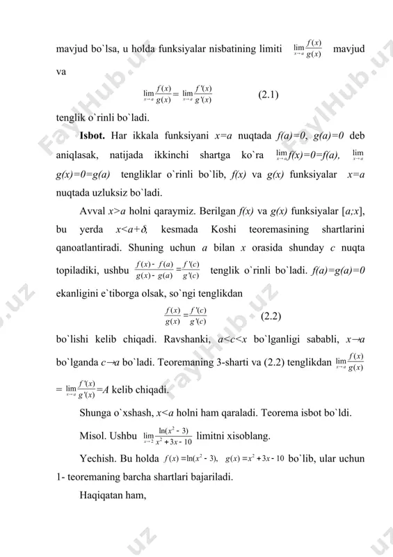00, (0, ko`rinishdagi aniqmasliklarni ochiщda, ularni yoki ko`rinishidagi aniqmaslikka keltirib, so`ng yuqoridagi teoremalar qo`llaniladi. 2-eslatma. agar f(x) va g(x) funksiyalarning f`(x) va g`(x) hosilalari ham f(x) va g(x) lar singari yuqorida keltirilgan teoremalarning barcha shartlarini qanoatlantirsa, u holda tengliklar o`rinli bo`ladi, ya`ni bu holda lopital qoidasini takror qo`llanish mumkin bo`ladi. misol. ushbu limitni hisoblang. yechish. ravshanki, x(0 da ifoda 1( ko`rinishdagi aniqmaslik bo`ladi. uni logarifmlab, aniqmaslikni ochishga keltiramiz: demak, . 2. teylor formulasi teylor formulasi matematik analizning eng muhim formulalaridan biri bo`lib, ko`plab nazariy tatbiqlarga ega. u taqribiy hisobning negizini tashkil qiladi. teylor ko`phadi. peano ko`rinishdagi qoldiq hadli teylor formulasi. ma`lumki, funksiyaning qiymatlarini hisoblash ma`nosida ko`phadlar eng sodda funksiyalar hisoblanadi. shu sababli funksiyaning x0 nuqtadagi qiymatini hisoblash uchun uni shu nuqta atrofida ko`phad bilan almashtirish muammosi paydo bo`ladi. nuqtada differensiallanuvchi funksiya ta`rifiga ko`ra agar y=f(x) funksiya x0 nuqtada differensiallanuvchi bo`lsa, u holda uning shu nuqtadagi orttirmasini (f(x0)=f`(x0)(x+o((x), ya`ni f(x)=f(x0)+f`(x0)(x-x0)+o(x-x0) ko`rinishda …