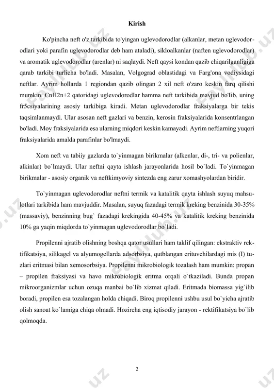 gi termik kreking benzinida 30-35% (massaviy), benzinning bug` fazadagi krekingida 40-45% va katalitik kreking benzinida 10% ga yaqin miqdorda to`yinmagan uglevodorodlar bo`ladi. propilenni ajratib olishning boshqa qator usullari ham taklif qilingan: ekstraktiv rektifikatsiya, silikagel va alyumogellarda adsorbsiya, qutblangan erituvchilardagi mis (i) tuzlari eritmasi bilan xemosorbsiya. propilenni mikrobiologik tozalash ham mumkin: propan – propilen fraksiyasi va havo mikrobiologik eritma orqali o`tkaziladi. bunda propan mikroorganizmlar uchun ozuqa manbai bo`lib xizmat qiladi. eritmada biomassa yig`ilib boradi, propilen esa tozalangan holda chiqadi. biroq propilenni ushbu usul bo`yicha ajratib olish sanoat ko`lamiga chiqa olmadi. hozircha eng iqtisodiy jarayon - rektifikatsiya bo`lib qolmoqda. neftni qayta ishlashda hosil bo’ladigan to’yinmagan uglevodorodlar xom neft va tabiiy gazlarda to`yinmagan birikmalar (alkenlar, di-, tri- va polienlar, alkinlar) bo`lmaydi. ular neftni qayta ishlash jarayonlarida hosil bo`ladi. to`yinmagan birikmalar - asosiy organik va neftkimyoviy sintezda eng zarur xomashyolardan biridir. to`yinmagan birikmalarni olishning ikki guruhi mavjuddir: 1. to`yinmagan birikmalar - yonaki mahsulot bo`lgan …