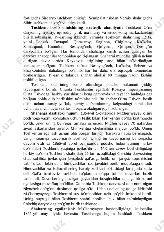 eratori aleksandr 2 (1855-1881)ning 1859-yilda qo’qon xonligini bosib olishning davom ettirilishi to’g’risidagi ko’rsatmasidan so’ng harbiy harakatlar kuchaydi. buning uchun, eng avvalo, xonlikning toshkent shahri bosib olinishi zarur edi. toshkentni bosib olishda oqmachit qal’asi harbiy harakatlarning tayanchiga aylandi. podsho qo’shinlarining oqmachit qal’asini bosib olish borasidagi dastlabki harakatlari (1852-yil) mag’lubiyatga uchragach, 1853-yilda uni egallash uchun ikkinchi marta hujum boshlanadi. 3 mingdan ortiq kishidan iborat harbiy qo’shinga 400 kishidan iborat qal’a himoyachilari 20 kun davomida qarshilik ko’rsatdi. dushman tomonga nisbatan soni juda oz bo’lgan, qurshovda qolgan qal’a himoyachilari oxirgi imkoniyatlari qolgunicha jang qildilar. kuchlar notengligi oqibatida podsho hukumati qo’shinlari tomonidan qal’a egallanadi. keyinchalik bu qal’a harbiy harakatlar uchun tayanch punktga aylandi va unga perovskiy forti deb nom berildi. n.veryovkin va m.chernyayevlarning 1864-yilda uch mingdan ko’proq qo’shini ikki yo’nalishda: biri perovskiy fortidan (orenburg tomondan), boshqasi esa vemiy (almati) shahri tomondan toshkentni bosib olish uchun yo’lga chiqdi. 4-iyunda m.chernyayev boshchiligidagi qo’shin talas daryosining chap sohilidagi …