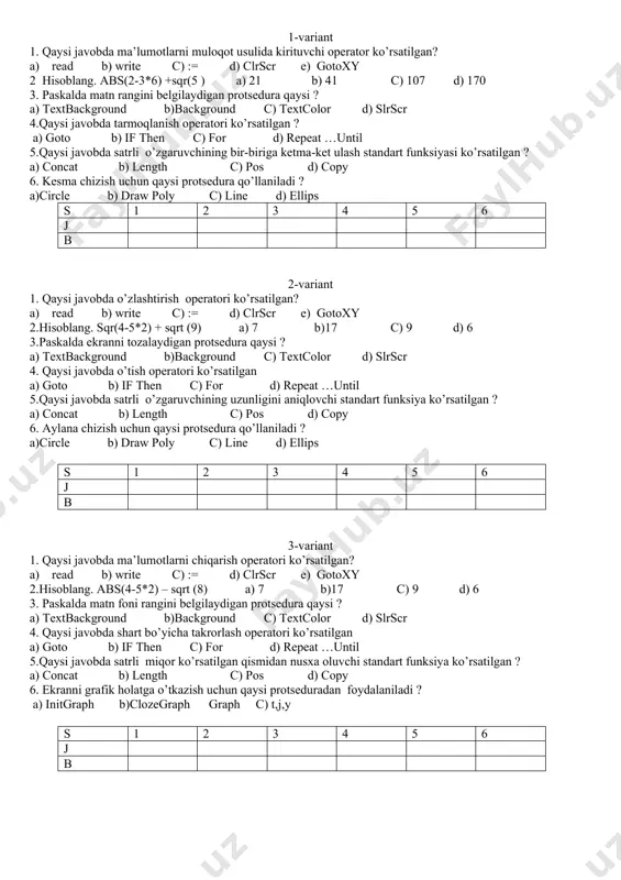 uloqot usulida kirituvchi operator ko’rsatilgan? a) read b) write c) := d) clrscr e) gotoxy 2 hisoblang. abs(2-3*6) +sqr(5 ) a) 21 b) 41 c) 107 d) 170 3. paskalda matn rangini belgilaydigan protsedura qaysi ? a) textbackground b)background c) textcolor d) slrscr 4.qaysi javobda tarmoqlanish operatori ko’rsatilgan ? a) goto b) if then c) for d) repeat …until 5.qaysi javobda satrli o’zgaruvchining bir-biriga ketma-ket ulash standart funksiyasi ko’rsatilgan ? a) concat b) length c) pos d) copy 6. kesma chizish uchun qaysi protsedura qo’llaniladi ? a)circle b) draw poly c) line d) ellips s 1 2 3 4 5 6 j b 2-variant 1. qaysi javobda o’zlashtirish operatori ko’rsatilgan? a) read b) write c) := d) clrscr e) gotoxy 2.hisoblang. sqr(4-5*2) + sqrt (9) a) 7 b)17 c) 9 d) 6 3.paskalda ekranni tozalaydigan protsedura qaysi ? a) textbackground b)background c) textcolor d) slrscr 4. qaysi javobda o’tish operatori …