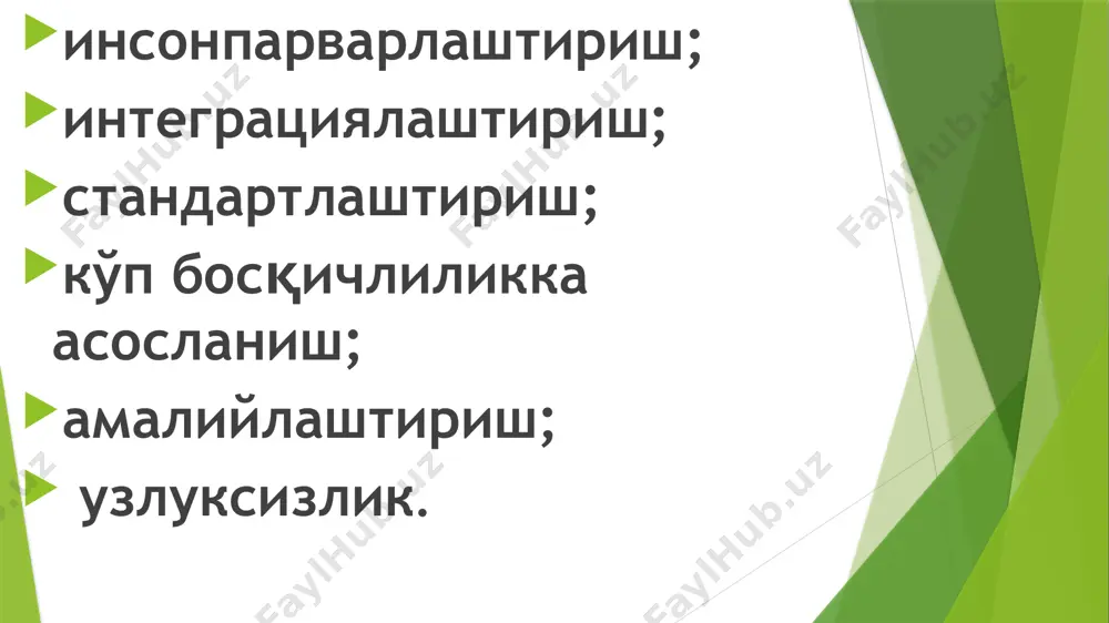 инг мавзулари тўлиқ ёритилган, тегишли фан асосларини мукаммал ўзлаштирилишига қаратилган ҳамда турдош таълим йўналишларида фойдаланиш имкониятлари ҳисобга олинган нашр. ўқув қўлланма – дасрликни қисман тўлдирувчи, муайян фан дастури бўйича тузилган ва асосларининг чуқур ўзлаштирилишини таъминловчи, айрим боб ва бўлимларни кенг тарзда ёритишга ёки амалий машқ ва машғулотлар ечимига мўлжалланган нашр. луғат – аниқ бир тартибда жойлашган сўзлар (ёки сўз бирикмаси ва ҳоказо) тўплами, уларнинг мазмуни, ишлатилиши, келиб чиқиши, бошқа тилдаги таржимаси тўғрисида маълумот берувчи ёки сўзнинг тушунчаси, у билан белгиланувчи предметлар ҳақида ахборот берувчи нашр. изоҳли луғат – сўзларнинг мазмунини изоҳлайдиган, ҳар бир сўзнинг грамматик, этимологик ва стилистик тавсифи берилган, уларни қўллашга оид мисоллар ва бошқа маълумотлар келтирилган, қўшимча адабиёт сифатида фойдаланиладиган нашр. маълумотлар тўплами – фойдаланишга қулай шаклда яратилган муайян фанни ёки таълим йўналишини ўзлаштириш учун зарур бўлган, исбот талаб қилмайдиган маълумотлар, илмий кўрсаткич ва ўлчамлар, турли белги ва рақамлардан, илмий, ижтимоий-сиёсий, амалий, иқтисодий, маданий ва бошқа соҳалардаги қисқа …
