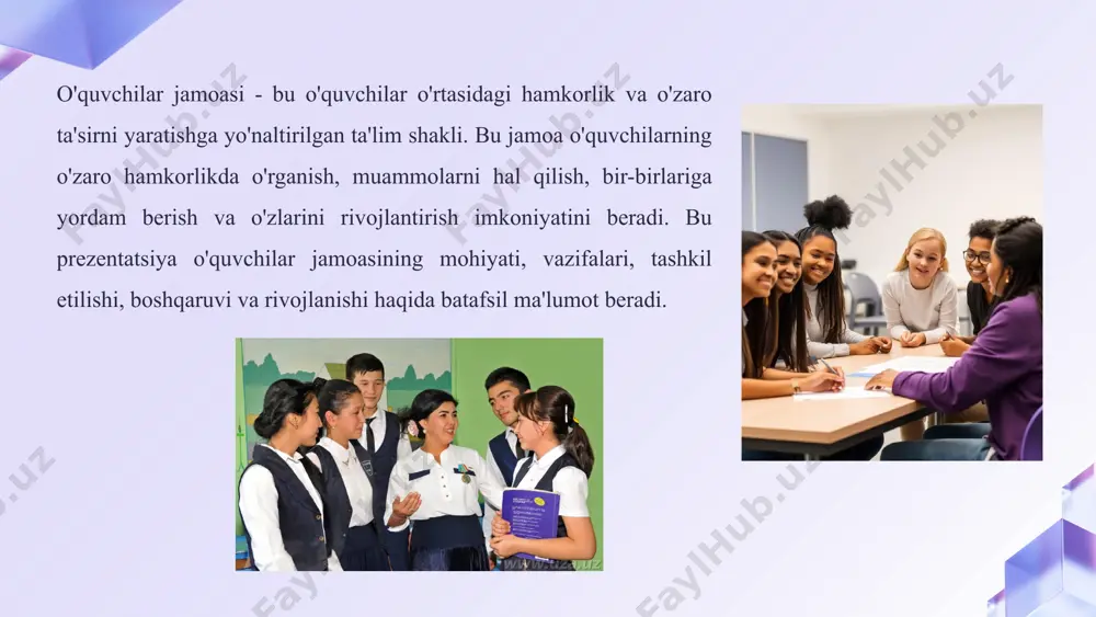 guruhlarga bo'linadi. rollar har bir guruhda rol taqsimoti amalga oshiriladi, masalan, rahbar, yozuvchi, tekshiruvchi va boshqalar. muloqot guruh a'zolari o'zaro muloqot qilib, g'oyalarini baham ko'rishadi va bir-birlarini tinglaydilar. o'zaro yordam o'quvchilar bir-birlariga yordam berishadi, qiyinchiliklarni engib o'tishadi va o'zlarini rivojlantirishadi. o'quvchilar jamoasini tashkil etish shakllari guruhga bo'lish o'quvchilarni qiziqishlari, yosh guruhlari yoki o'qish darajalariga qarab guruhlarga bo'lish. tasodifiy tanlash o'quvchilarni tasodifiy tanlash orqali guruhlarga bo'lish. o'zini tanlash o'quvchilarga o'zlari uchun guruhlarni tanlash imkoniyatini berish. loyiha asosida o'quvchilarni loyiha mavzusiga qarab guruhlarga bo'lish. o'quvchilar jamoasini boshqarish 1 maqsadlarni belgilash jamoaning maqsadlari va vazifalarini aniqlash. 2 qoidalarni belgilash jamoa a'zolari uchun o'zaro hurmat, ishonch va hamkorlik qoidalarini belgilash. 3 vazifalarni taqsimlash har bir a'zoga vazifalarni teng taqsimlash va ularning imkoniyatlarini hisobga olish. 4 muloqotni taminlash o'quvchilar o'rtasidagi muloqotni faollashtirish va ularning fikrlarini tinglash. 5 natijalarni baholash jamoaning ishlarini muntazam baholash va ularning muvaffaqiyatlarini nishonlash. o'quvchilar jamoasida o'zaro munosabatlarni rivojlantirish o'zaro hurmat o'quvchilar …