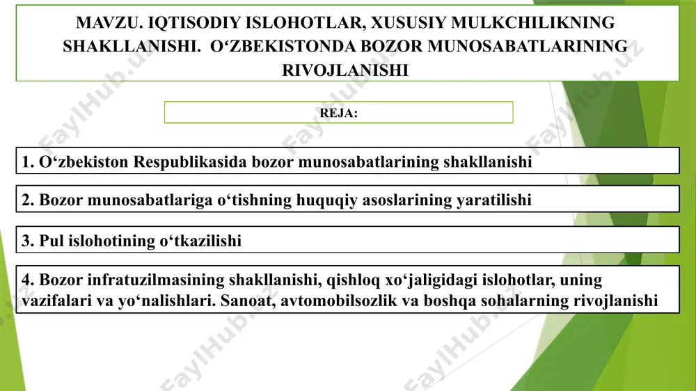 usiylashtirishga doir 20 dan ortiq me’yoriy hujjat qabul qilindi 1995-yili xalq xo‘jaligida ommaviy xususiylashtirishlar davri bo‘ldi. 1998-yilga kelib xususiylashtirilgan korxonalar tarmog‘i keskin ko‘payganligi bilan xarakterlanadi. davlat mulkini xususiylashtirish yuzasidan mamlakatimizda olib borilgan katta ko‘lamdagi amaliy ishlar natijasida mamlakatda ko‘p ukladli iqtisodiyot va mulkdorlar sinfi vujudga keldi kichik biznes va xususiy tadbirkorlikni rivojlantirish bir necha bosqichlarda olib borildi. birinchi bosqich – 1991–1996-yillar. bu bosqichda mulkni davlat tasarrufidan chiqarish va xususiylashtirish hamda bozor iqtisodiyotini barpo etishning asosi bo‘lgan kichik mulkdorlar sinfining shakllantirilishidan boshlandi ikkinchi bosqich – 1996–2000-yillar. ushbu bosqichda keng qamrovli xususiylashtirish amalga oshirildi, iqtisodiyot sohalariga xususiy kapitalni jalb qilish imkoniyatlari kengaytirildi, dastlabki xususiy tijorat banklari va bankdan tashqari moliya institutlari (kredit uyushmalari) o‘z faoliyatlarini boshladi. uchinchi bosqich – 2000–2016-yillar. mazkur bosqichda xususiy tadbirkorlikni keng ko‘lamda rivojlantirish uchun shart-sharoitlar yaratish va uni kafolatlashga qaratilgan qator huquqiy-me’yoriy hujjatlar qabul qilindi to‘rtinchi bosqich – 2016-yildan boshlandi. prezident shavkat mirziyoyevning 2016-yil 5-oktabrdagi «tadbirkorlik faoliyatining jadal …