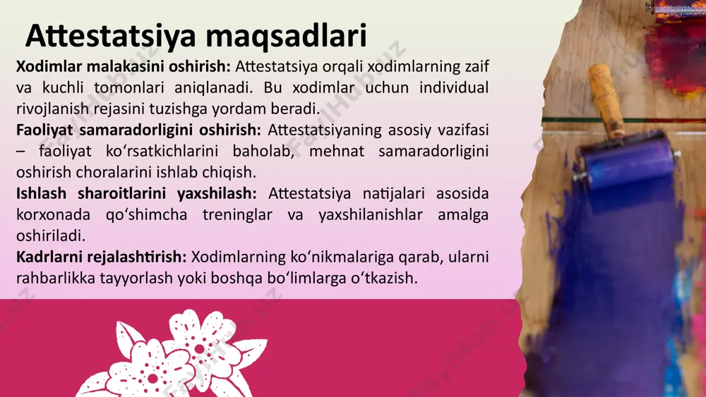 r ulushi – 98%). ish jarayonida kechikishlar soni (0%). kpi natijalari muntazam ravishda (oylik, choraklik) tahlil qilinadi va xodimlarga ma’lum qilinadi. okr (maqsad va kalit natijalar) metodologiyasi okr tizimi xodimlar va bo‘limlarning korxona strategiyasiga mos ravishda aniq maqsadlar va natijalarni belgilashga qaratilgan. qanday ishlaydi: maqsadlar belgilash: masalan, "mahsulot sifatini 15% oshirish." kalit natijalarni aniqlash: bu maqsadga erishish uchun bajariladigan aniq ishlar: xodimlarni sifat nazorati bo‘yicha o‘qitish. ishlab chiqarish jarayonida yangi uskunalarni joriy etish. afzalliklari: xodimlar faoliyatining korxona umumiy strategiyasiga bog‘liqligini oshiradi. maqsad va natijalar o‘rtasidagi bog‘liqlikni aniq qiladi. gamifikatsiya (o‘yin elementlarini joriy etish) baholash jarayoniga motivatsion va o‘yin elementlarini kiritish orqali xodimlarni faolroq jalb qilish. misollar: har bir bajarilgan vazifa uchun ball berish. oylik yoki choraklik "eng yaxshi xodim" mukofotlarini taqdim etish. afzalliklari: xodimlar orasida raqobatni oshiradi. faoliyat samaradorligini oshirishga turtki beradi. tushunchasi: har bir xodim uchun malaka oshirish va faoliyatni yaxshilashga qaratilgan individual rejalar tuzish. qanday ishlaydi: attestatsiya natijalari …