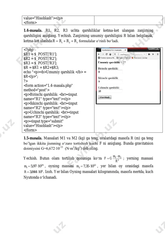 hadlari soni: 1.10-masala. uchta idishga suv solingan. idishlardagi suvlarning temperaturasi mos ravishda t1, t2, t3 ga, hajmi esa v1, v2, v3 ga teng. idishlardagi suvni bitta idishga quyilsa, uning hajmi va temperaturasi qanday bo‘ladi? yechish. idishlardagi suvni bitta idishga quyilsa, suvning hajmi va temperaturasi v tvtvtv tvvvv 332211 321 *** ;   formulalar bilan aniqlanadi. hajmi = $v temperaturasi = $t "; ?> t 1 birinchi temperatura: t 2 ikkinchi temperatura: t 3 uchinchi temperatura: v 1 birinchi hajim: v 2 ikkinchi hajim: v 3 uchinchi hajim: 1.11-masala. berilgan sonning butun qismini aniqlang. yechish. a sonning butun qismini b bilan belgilasak, b=floor(a) formula bilan aniqlanadi. a sonining butun qismi = $b "; ?> a sonining butun qismi: 1.12-masala. n/m ifodani hisoblashda hosil bo‘ladigan qoldiqni toping. yechish. qoldiqni z bilan belgilasak, u holda m m n floornz  )( formula bilan hisoblanadi. n /m sonining qoldiq qismi = $z "; …