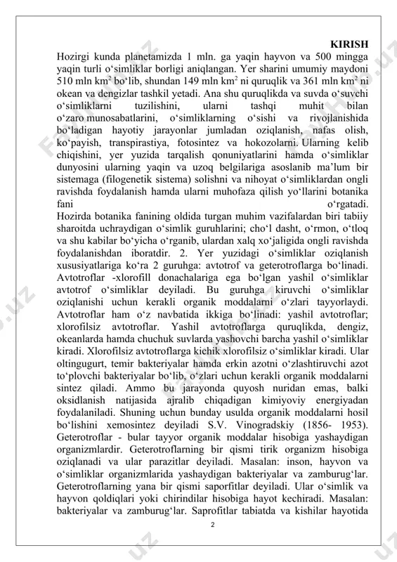 ilsiz avtotroflar. yashil avtotroflarga quruqlikda, dengiz, okeanlarda hamda chuchuk suvlarda yashovchi barcha yashil o‘simliklar kiradi. xlorofilsiz avtotroflarga kichik xlorofilsiz o‘simliklar kiradi. ular oltingugurt, temir bakteriyalar hamda erkin azotni o‘zlashtiruvchi azot to‘plovchi bakteriyalar bo‘lib, o‘zlari uchun kerakli organik moddalarni sintez qiladi. ammo bu jarayonda quyosh nuridan emas, balki oksidlanish natijasida ajralib chiqadigan kimiyoviy energiyadan foydalaniladi. shuning uchun bunday usulda organik moddalarni hosil bo‘lishini xemosintez deyiladi s.v. vinogradskiy (1856- 1953). geterotroflar - bular tayyor organik moddalar hisobiga yashaydigan organizmlardir. geterotroflarning bir qismi tirik organizm hisobiga oziqlanadi va ular parazitlar deyiladi. masalan: inson, hayvon va o‘simliklar organizmlarida yashaydigan bakteriyalar va zamburug‘lar. geterotroflarning yana bir qismi saporfitlar deyiladi. ular o‘simlik va hayvon qoldiqlari yoki chirindilar hisobiga hayot kechiradi. masalan: bakteriyalar va zamburug‘lar. saprofitlar tabiatda va kishilar hayotida muhim ahamiyatga ega, chunki ular ishtirokida oqsilli organik moddalarni chirishi, ya’ni parchalanib mineral moddalarga aylanishi, sut kislotali, yog‘ kislotali achish va spirtli bijg‘ish jarayonlari bo‘lib turadi. saprofitlarning …