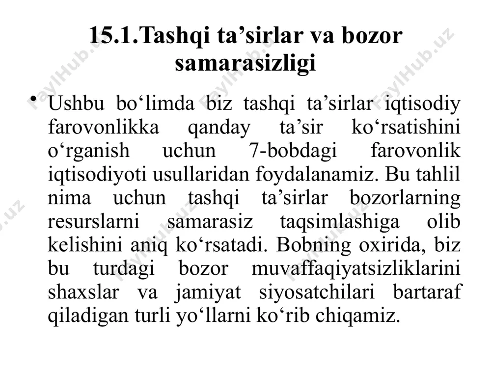 bo‘ladi. shunday ekan, ijtimoiy maqbul qiymat xususiy bozor aniqlagan miqdordan yuqori bo‘ladi. xulosa qilish uchun: salbiy tashqi ta’sirlar bozorlarni ijtimoiy zaruriyatdan ko‘proq, ijobiy tashqi ta’sirlar bozorlarni esa kamroq miqdorda ishlab chiqarishga undaydi. bu muammoni yechish uchun hukumat salbiy tashqi ta’sirli tovarlarga soliq solish va ijobiy tashqi ta’sirli tovarlarga subsidiya berish orqali tashqi ta’sirlarning o‘zlashtirilishiga erishadi. ta’lim va ijtimoiy maqbul holat ijobiy tashqi ta’sir bo’lganda, tovarlar ijtimoiy qiymati xususiy qiymatdan oshib ketadi. shuning uchun, optimal miqdor qmaqbul, muvozanat miqdor qbozor dan yuqori. ta’lim bahosi tashqi foyda muvozanat taklif (xususiy xarajat) maqbul holat ijtimoiy qiymat (xususiy qiymat va tashqi foyda) talab (xususiy qiymat) bozor maqbul ta’lim qiymati texnologik yoyilishlar, sanoat siyosati va patent himoyasi ijobiy tashqi ta’sirning imkoniyatli muhim bir turi – bu texnologik yoyilish, ya’ni bir firmaning tadqiqot va ishlab chiqarish harakatlarining boshqa firma texnologik yangiliklariga ega bo‘lishiga ta’siri. masalan, sanoat robotlari bozorini olaylik. robotlar tez o‘zgarib borayotgan texnologiyalarning boshida turadi. …