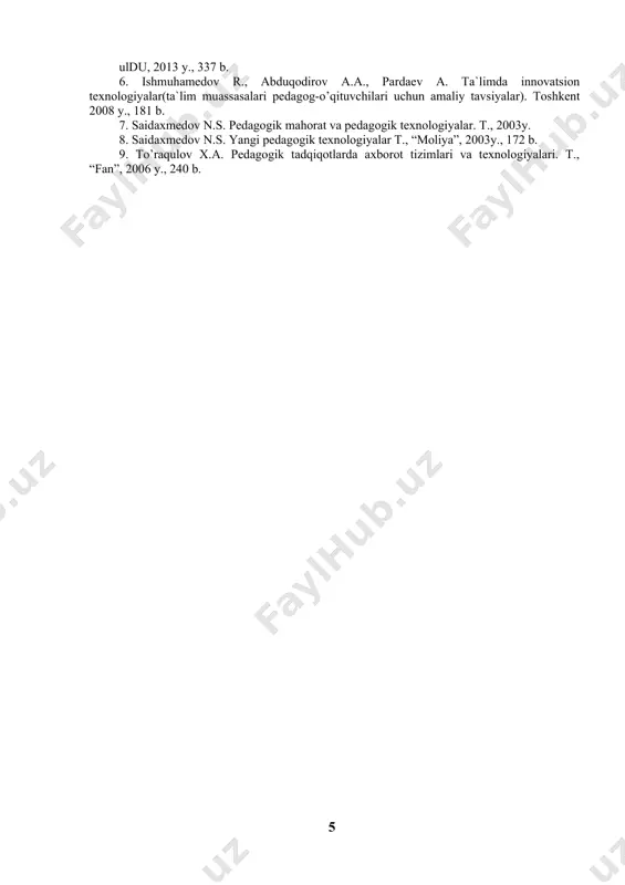 mavzular ajratilgan soatlar jami nazariy mashg’ulot amaliy, labora-toriya mashg’u-lotlari . . . jami: jadvalni to’ldiring: tayanch dasturiy ta’minot pedagogik dasturiy vositalar tashkiliy ta’minot sohasi windows operasion tizimi; o’rgatuvchi va mashq qildiruvchi dasturlar; o’quv-tarbiya jarayonida foydalanadigan texnik vositalarni tanlashni iqtisodiy asoslash; . . . . . . . . . foydalanilgan adabiyotlar: 1. abdukarimov h., suvonov o. umumiy pedagogika: texnologiya va amaliyot. 2. yuldashev u.yu., boqiev r.r., zokirova f.m. informatika o’qitish metodikasi. toshkent, “talqin”, 2005 y. 3. isoqov i., qulmamatov s.i. informatikani o’qitishda innovatsion texnologiyalar fanidan amaliy mashg’ulotlar ishlanmalari. guliston, guldu, 2013 y. 4. o`quv-metodik qo’llanma. t., 2012 y., 120 b.6. 5. isoqov i.abdurahimov, d.,toshtemirov, d.e. informatika fanidan o’quv-uslubiy majmua. guliston, g uldu, 2013 y., 337 b. 6. ishmuhamedov r., abduqodirov a.a., pardaev a. ta`limda innovatsion texnologiyalar(ta`lim muassasalari pedagog-o’qituvchilari uchun amaliy tavsiyalar). toshkent 2008 y., 181 b. 7. saidaxmedov n.s. pedagogik mahorat va pedagogik texnologiyalar. t., 2003y. 8. saidaxmedov n.s. yangi …