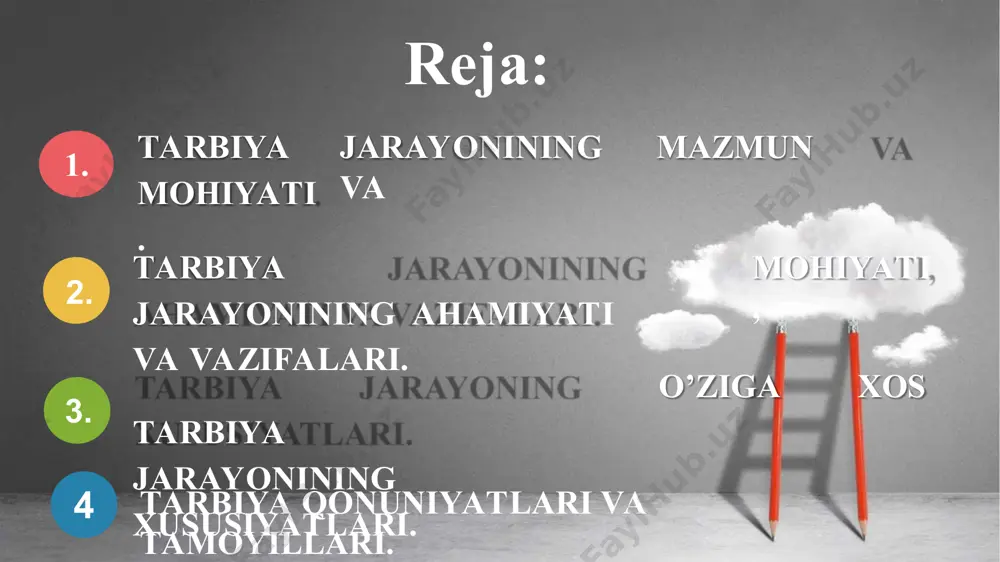 rak deb hisoblaydi. 1.tarbiyalanuvchilar o‘rganishga moyil bo`lsa, ta’lim-tarbiyada yumshoq usul qo‘llanadi. 2.tarbiyalanuvchilar o‘zboshimcha, itoatiz bo‘lsa, qattiq usul qo‘llanilishi lozim. abu nasr forobiy (870-950) “tarbiya kishini ezgulikka o‘rgatmog‘i kerak. ezguning har ishi chiroyli, har bir qadami go‘zal. ezgulik aslo qarimaydi”. yusuf xos xojib tarbiyani juda murakkab jarayon deb tushunadi. “u beldan madorni, tandan quvvatni, ko‘zdan nurni, dildan oromni talab qiladi”, - degan fikrni bildiradi. yusuf xos xojib (1017-1077) abu rayhon beruniy inson va axloqiy tarbiya haqida fikr yuritar ekan, “insonga yer yuzini obod etishi va uni boshqarib turishi uchun aql-zakovat ato etilgan, shuning uchun har bir inson yuksak axloqli bo‘lishi lozim”, - deydi. abu rayhon beruniy (973-1048) abu ali ibn sino bola tarbiyasi haqida fikr bildirar ekan, bola tarbiyasini unga ism qo‘yishdan boshlashni lozim deb topadi. bolaga munosib ism tanlash ota- onaning dastlabki olijanob vazifasideb biladi. ibn sino bola tarbiyasi bilan avvalo ota- ona shug‘ullanishi kerak deydi. abu ali ibn sino …