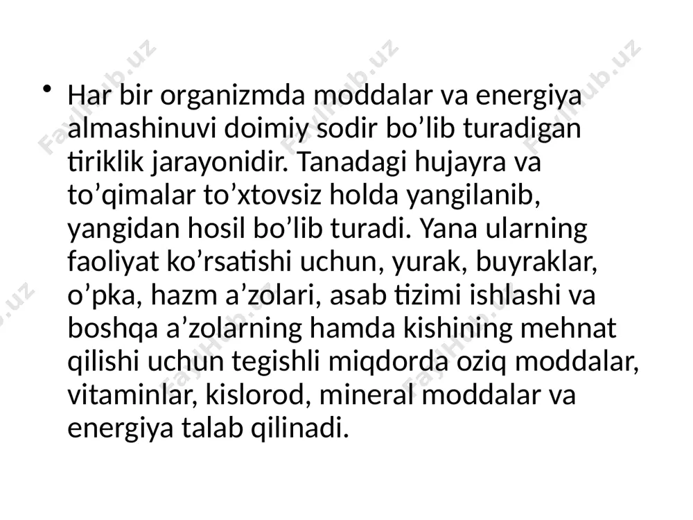 smi issiqlikka aylanib, tananing doimiy haroratini saqlab turadi. moddalar almashinuvi modda almashinuvini bilish uchun organizmga qancha oqsil, yog‘ va uglevod kirganini, unda qanchasi sarflanganligini bilish yoki moddalarning kirishi va sarflanishini balansini chiqarish kerak. bosh sahifa oksillar, uglevodlar va yogʼlar almashinuvi oqsillar almashinuvi tiriklik uchun shart boʼlgan jarayon, u toʼxtashi bilan hayot ham toʼxtaydi. oqsillar tarkibida azot elementi boʼlgan murakkab organik modda, uning oʼrnini na yogʼ, na uglevod bosa oladi (chunki bularning tarkibida azot boʼlmaydi). oqsillar hujayra sitoplazmasi, membranasi, undagi organellalar, gemoglobin, qon shaklli elementlari va plazmasi, gormonlar, fermentlar, immun tanalar tarkibiga kiradi. oqsillarning 3 lamchi strukturasi: uglevodlar almashinuvi. uglevodlar organizm uchun eng oson va tez energiya beruvchi modda boʼlib, ular kartoshka, donlar, meva-cheva va poliz mahsulotlari tarkibida koʼp boʼladi. tanaga polisaxarid koʼrinishida qabul qilingan uglevodlar oshqozon ichak yoʼlida monosaxaridlargacha (masalan glyukozagacha) parchalanib, qonga soʼriladi va toʼqima hujayralarining faoliyati uchun energiya beradi. yog‘ (lipid) almashinuvi lipidlarga glitserin va yog‘ kislotalardan iborat …