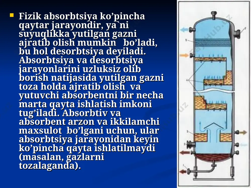 a kondensaciyalanadi hamda olingan beqaror benzin osongina suvdan ajratiladi. nasadkali absorber: - qobiq; 2- tarqatuvchi tarelka; 3-nasadka qatlami; 4- tayanch to’rlari; 5-qayta taqsim- lovchi tarelkalar; 6,8-lyuklar; 7-qaytaruvchi qurilma; a-gaz kiradigan shtutser; b-gaz chiqadigan shtutser; v-suyuqlik beradigan shtutser; g va d –suyuqlik chiqadigan shtutserlar. neftni barqarorlashtirish qurilmasining texnologik sxemasi: 1-quvurli pech; 2, 13-kolonnalar; 3, 4, 5, 11, 20-nasoslar; 6, 17-issiqlik almashtirgichlar; 7-qizdirgich; 8,14-sovitgich-kondensatorlar; 9-gaz-suv ajratkich; 10,16-redukcion klapanlar; 12-qaynatgich; 15-gaz separatori;18-sovitkich; 19-havoli sovitish jihozi. kolonna 2 yuqorisidan chiqayotgan gazlar va bug’lar aralashmasi 8-sovutkich – kondensatorda sovitiladi. gazlar hosil bo’lgan kondensat bilan birgalikda 9-gaz-suv ajratkichga tushadi. gaz-suv ajratkichning yuqorisidan kondensatciyalanmagan quruq (metan va etan) gazlar qurilmadan chiqariladi. suyuqlikni sochib beruvchi absorberlar: suyuqliklar bilan ishlash qiyin, fazalarning kontakt yuzasini oshirish uchun ko’proq suyuqlik sarflanadi, suyuqlik tomchilari kolonnadan chiqib ketmasligi uchun gaz tezligining miqdori kichik qiymatga ega. fazalarning nisbiy tezligi va katta gaz oqimi to’lqinsimon harakatda bo’lgani uchun bu qurilmalarda gaz fazasidagi massa almashinish koeffitsienti …