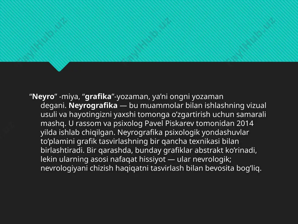 ch, himoya, bir butunlik, uzluksizlik, quyosh, oy, havfsizlik. kvadrat-ishonchlilik,tayanch. uchburchak-nizoli vaziyat,agressiya,havf-o’zgarish, liderlikga chaqiriq linya-to’g’ri chiziq, jarayon, intilish,harakat,shu chiziq hayotni har hil elementlarini bog’laydi, harakat ritimini beradi, linya juda muhim hisoblanadi, linya ishni sifatini beradi. neyrografika amaliyoti uchun sizga faqat oq qog’oz, qalam va markerlar kerak bo'ladi. shuningdek biroz bo'sh vaqt. neyrografika bilan ishlayotganda sizning his-tuyg'ularingizga e'tibor qaratish muhimdir. biz salbiy his-tuyg'ularni, ichki qarama-qarshiliklarni, tashvish, qo'rquv, ichki rad etishni keltirib chiqaradigan mavzuni talaffuz qilamiz. shu bilan birga, ushbu bosqichda paydo bo'ladigan his-tuyg'ular va his-tuyg'ularni nomlash, ichki kuchlanish darajasini va o'sib borayotgan energiya miqdorini anglash maqsadga muvofiqdir. biz his-tuyg'ular va his-tuyg'ularni neyrografik chiziq yoki raqam shaklida ifodalaymiz. chizish jarayonida butun oq qog’ozda bir-birining ustiga chiqishi, tegishi yoki birlashishi mumkin bo'lgan chiziqlar bilan to'ldiriladi. shu bilan birga, diqqatni chiziqning go'zalligiga emas, balki chizish jarayonining o'ziga qaratish kerak. olingan chiziqlar va ularning kesishmalarining shakllarini o'rganamiz va tuzatamiz. rasmdagi o'tkir burchaklar va chiziqlarning kesishishi ichki …