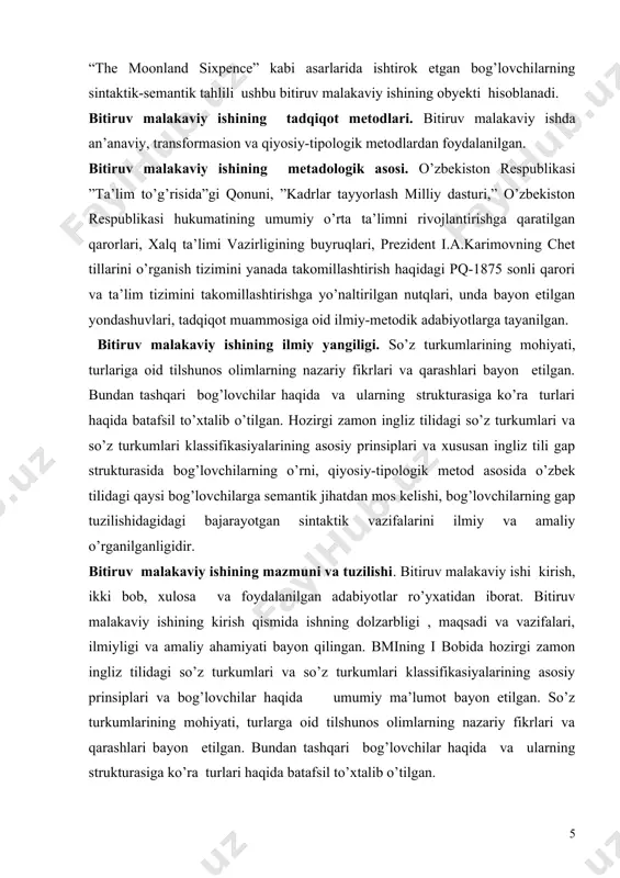 larning sintaktik-semantik tahliliga asosan ularning negative, lokativ, temporal, kauzal, relyativ kabi sintaktik-semantik belgilari bayon etilgan bo’lib, mazkur sintaktik-semantik belgilar lingvistik eksperiment metodlari orqali aniqlangan. tadqiqot natijasida hosil qilingan fikrlar xulosada umumiylashtirilgan. ushbu bitiruv malakaviy ishi 55 betdan iborat. i bob. so’z turkumlari klassifikasiyalarining asosiy prinsiplari 1.1 so’z turkumlari haqida umumiy ma’lumot ma’lumki, til kishilik jamiyatida fikr almashish quroli sifatida xizmat qiladi. kishilarga fikr almashish imkoniyatini yaratib berish uchun har bir til ma’lum miqdordagi grammatik vositalarga ega bo’lish kerak. bunday jarayon grammatika yordamida, yani gap orqali amalga oshadi.gap esa ma’no va grammatik jihatdan bir-biri bilan bog’liq bo’lgan so’zlardan tashkil topadi. tilning grammatik qurilishi o’z kategoriyalari va birliklariga ega. bular so’z formalari, so’z birikmalari va gaplardir. grammatika ikki qismdan iborat: morfologiya va sintaksis. morfologiyada so’z turkumlari, ularning kategorial va nokategorial formalari o’rganiladi.sintaksis nutqning grammatik tuzilishi haqidagi ta’lim bo’lib, so’z birikmasi, gap va undan yirik bo’lgan birliklarni o’z ichiga oladi. morfologiya grammatikaning bir …