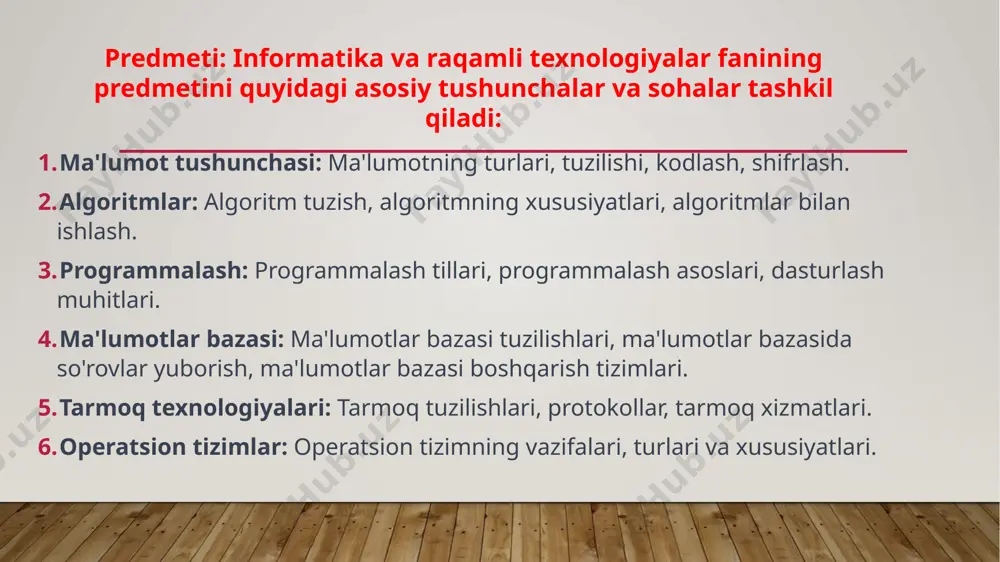 ar: windows, linux, macos. resource boshqarish: protsesslar, xotira, fayllar. boshqaruv informatikasi: erp, crm tizimlari: tashkilot resurslarini boshqarish, mijozlar bilan aloqalar. biznes jarayonlari: biznes jarayonlarini avtomatlashtirish va optimallashtirish. ushbu qismlar informatikaning asosiy tuzilmalaridan faqat bir qismidir. har bir qism o'z ichiga bir qancha ichki kategoriyalarni oladi va soha tez rivojlanayotganligi sababli, yangi tuzilmalar va yo'nalishlar paydo bo'lishi mumkin. jamiyat va ta'limni axborotlashtirishning asosiy yo'nalishlari, zamonaviy texnologiyalarning keng qo'llanilishini va ularning jamiyatning har bir sohasiga ta'sirini o'z ichiga oladi. bu yo'nalishlar quyidagicha bo'ladi: raqamli ta'lim: elektron o'quv resurslari: online darsliklar, o'quv video materiallari, interaktiv darsliklar. o'quv platformalari: online ta'lim beruvchi saytlar, mooc-lar (katta ochiq online kurslar) kabi coursera, udemy, khan academy. virtual sinflar: video konferentsiya vositalari yordamida o'tkaziladigan darslar. axborot kommunikatsiya texnologiyalari (akt) ta'limda: talabalarning akt bilimlarini oshirish: komp'yuter bilan ishlash, programmalash, grafik dizayn va boshqa. o'qituvchilarning akt tayyorligi: o'qituvchilar uchun texnologik uslubiy materiallar, dars rejalarini tayyorlash va boshqalar. elektron kutubxona va …