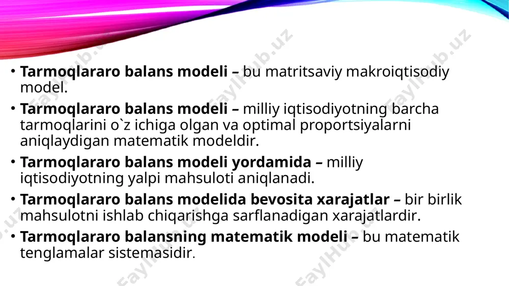 yig`indisiga aytiladi. pirovard mahsulot tarkibiga kiruvchi ijtimoiy iste’mol ta’lim tarbiya, fan, sog`liqni saqlash, mudofaa, boshqaruv, sport kabi sohalardagi iste’moldan tarkib topadi. shunday qilib, 2- kvadrantdagi ma’lumotlar milliy daromadning tarmoqlar bo`yicha moddiy tuzilishi, uning jamg`arma va iste’mol fondlariga taqsimlanishini xarakterlaydi. /docprops/thumbnail.jpeg tarmoqlararo balans modeli tarmoqlararo balans modeli reja: 1. milliy iqtisodiyotda tarmoqlarning o`rni. 2. tarmoqlararo balansning umumiy tuzilishi. 3. balans modellaridagi matematik bog`lanishlar. 4. tarmoqlararo balans qismlarining xarakteristikalari. tarmoqlararo balans modeli – bu matritsaviy makroiqtisodiy model. tarmoqlararo balans modeli – milliy iqtisodiyotning barcha tarmoqlarini o`z ichiga olgan va optimal proportsiyalarni aniqlaydigan matematik modeldir. tarmoqlararo balans modeli yordamida – milliy iqtisodiyotning yalpi mahsuloti aniqlanadi. tarmoqlararo balans modelida bevosita xarajatlar – bir birlik mahsulotni ishlab chiqarishga sarflanadigan xarajatlardir. tarmoqlararo balansning matematik modeli – bu matematik tenglamalar sistemasidir. milliy iqtisodiyot darajasidagi tarmoqlararo balans (tab) da milliy daromadning yaratilishi va taqsimlanishi, moddiy va mehnat resurslaridan foydalanish, tarmoqlar o`rtasidagi ishlab chiqarish aloqalari xamda ijtimoiy mahsulotning ishlab …