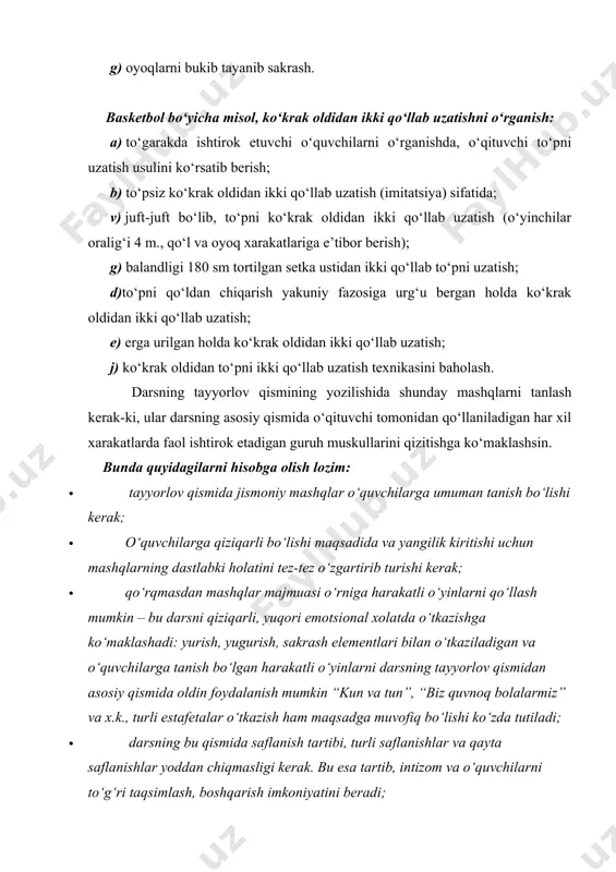 k. har xil ta’sir etishga imkoniyat yaratadi. aralash darsni asosiy qismining mazmuni: arqonga uch usulda tirmashib chiqishni takrorlash; turgan joyidan basketbol savatiga to‘pni tashlashni mustahkamlash; to‘g‘ridan yugurib kelib balandlikka sakrashni o‘rgatish. bu mashqlarni bajarishdan oldin harakatlarga yaqin olib keluvchi mashqlar bajariladi. masalan, arqonda osilib turish, arqonga osilib tebranish, arqonning yarmigacha uch usulda tirmashib chiqishning, so‘ng uch usulda (o‘g‘il bolalar 4 m, qiz bolalar 3 m) gacha tirmashib chiqish. basketbol bo‘yicha oldin to‘pni bir-biriga uzatish, to‘pni olib yurish va yaqindan savatga erkin usulda tashlash va so‘ng turgan joyidan basketbol to‘pini savatga tashlash; balandlikka sakrash mashqini bajarishdan oldin o‘z yugurish masofa chizig‘ini topishni o‘rganish, uch qadamdan yugurib kelib sakrashni bajarish, turgan joyida baland sakrash, 7-9 qadamlardan yugurib kelib sakrash, so‘ng berilgan vazifani to‘la bajarish. yuqorida qayd etilgan mashqlarni bajarish uchun sinf yoki guruh o‘quvchilari uch guruhga bo‘linib o‘z vazifalarini sardor rahbarligida bajaradilar. engil atletika bo‘limida o‘qituvchining o‘zi rahbarlik qiladi va sakrash elementlarini …