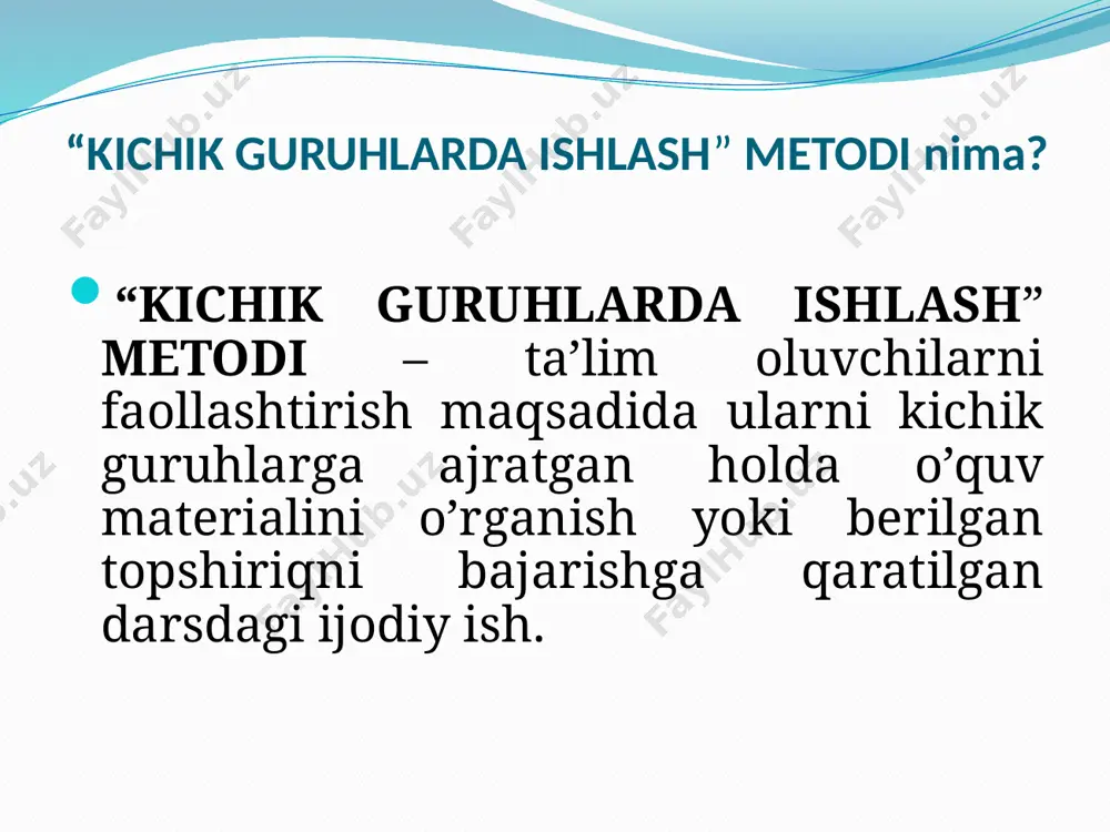 uvchilar o’quvchilarni o’zining qolipiga solishga harakat qiladi. nazariya men ta’lim berish jarayonida faol o’qituvchi bo’lishga intilaman. har bir darsimda nimanidir yangilik qilishga harakat qilaman. internetdan ma’lumotlar izlayman, kitoblardan faktlar topaman. lug’atlar bilan muntazam shug’ullanaman. badiiy adabiyotlarni ko’proq o’qiyman. televideniya va radiodagi yangiliklardan muntazam xabardor bo’lib boraman. faol o’qituvchi o’quvchilar bilan ishlash jarayonida 20 dan ortiq metodlarni qo’llayman, 100 ga yaqin ta’limiy metodik mashqlarni bajartiraman. bu bilan o’quvchilarni fanimga bo’lgan muhabbatini oshirishga harakat qilaman. shundan bo’lsa kerak, o’quvchilarim har doim ortimdan ergashib yurishadi. bilmagan yoki muammoga uchragan vaqtlarida, albatta, meni yo’qlashadi. bilsam darhol javob beraman, bilmasam kitoblar varaqlab javobini topib beraman. ko’pincha shogirdlarimning savollari boshqa fanlardan bo’ladi. metodika bugungi ta’limdagi muammolar metodikaning sustligidan emas balki ko’pligidan kelib chiqmoqda • bumerang • aqliy hujum • b-b-b • blits o’yin • davra suhbati • domino • ishbilarmonlik o’yini • o’rgimchak to’ri • qor uyumi • oltin baliqcha • romashka • issiq kartoshka • …