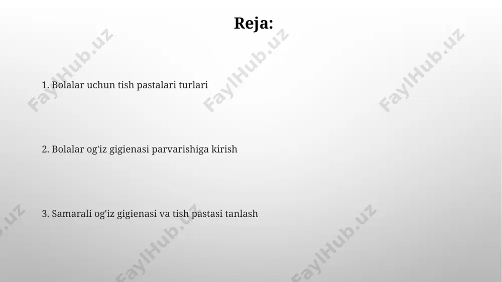 yumshoq cho'tkalardan foydalanish, 2 minut davomida tozalash, shuningdek, kuniga ikki marta, ertalab va kechqurun tozalash, tishlarning sog'lomligini ta'minlaydi va toshkent stomatologik klinikalarida tasdiqlangan. bolalarda tish kasalliklarining oldini olish samarqand viloyatida o'tkazilgan tadqiqotlar shuni ko'rsatdiki, muntazam ravishda tish iplarini qo'llagan 8-10 yoshli bolalarda tish kasalliklari 35% ga kamaygan. o'zbekiston sog'liqni saqlash vazirligi ma'lumotlariga ko'ra, 5 yoshgacha bo'lgan bolalarning 70%ida tish kariesi kuzatiladi, shuning uchun erta yoshdan boshlab og'iz gigienasiga alohida e'tibor berish kerak. bolalar og'iz gigienasi: umumiy ma'lumot bolalarning 6 yoshgacha boʻlgan davrida faqat noʻxat kattaligidagi miqdorda tish pastasi ishlatilishi tavsiya etiladi, chunki koʻp miqdorda fluorid isteʼmol qilish sogʻliq uchun xavfli hisoblanadi. bu butun dunyo stomatologlari, jumladan, aqsh va buyuk britaniya mutaxassislari tomonidan tasdiqlangan. samarqand viloyatida oʻtkazilgan tadqiqotlar shuni koʻrsatdiki, bolalarda tish emalini himoya qiluvchi va karies rivojlanishining oldini oluvchi floridli tish pastalaridan foydalanish 40% ga tish kasalliklarini kamaytirishga yordam beradi. sezgir tishlar uchun tish pastalari sezgir tishlar uchun moʻljallangan tish …