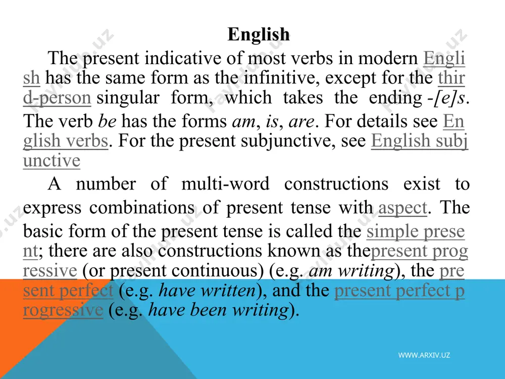 plicāre debēre dicere cupere scīre conjugation 1st 2nd 3rd 3rd 4th ego plicō debeō dīcō cupiō sciō tu plicās debēs dīcis cupis scīs is, ea, id plicat debet dicit cupit scit nos plicāmus debēmus dīcimus cupimus scīmus vos plicātis debētis dīcitis cupitis scītis ei, eae, ea plicant debent dīcunt cupiunt sciunt www.arxiv.uz french present indicative tense in french, the present tense is used similarly to that of english. below is an example of present tense conjugation in french. www.arxiv.uz parler perdre finir partir je parle perds finis pars tu parles perds finis pars il/elle/on parle perd finit part nous parlons perdons finissons partons vous parlez perdez finissez partez ils/elles parlent perdent finissent partent www.arxiv.uz to express (and emphasise) the present continuous, expressions such as "en train de" or "en cours de" may be used. for example, jean est en train de manger, may be translated as john is eating, john …