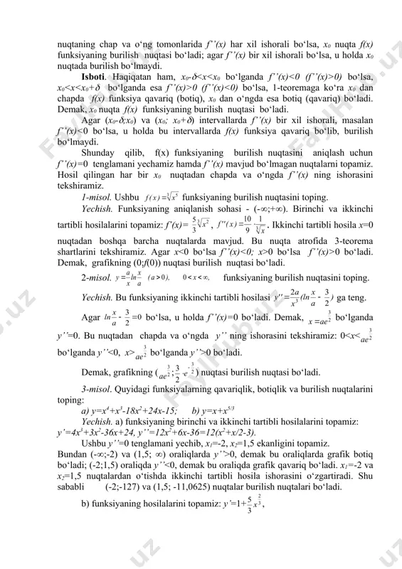 urilish nuqtasi bo‘ladi. 6-§. asimptotalar funksiyani cheksizlikda, ya’ni x(+( va x(-( da, yoki uning ikkinchi tur uzilish nuqtasi atrofida o‘rganish ko‘p hollarda funksiya grafigi nuqtalari bilan biror to‘g‘ri chiziqning nuqtalari orasidagi masofa yetarlicha kichik bo‘lishini ko‘rsatadi. bunday to‘g‘ri chiziq grafikning asimptotasi deyiladi. (-rasm) ta’rif. agar y=f(x) egri chiziqda olingan o‘zgaruvchi nuqta koordinatalar boshidan cheksiz uzoqlashganda shu nuqtadan biror to‘g‘ri chiziqqacha bo‘lgan masofa nolga intilsa, u holda bu to‘g‘ri chiziq egri chiziqning asimptotasi deyiladi. asimptotalar vertikal (ordinatalar o‘qiga parallel) va og‘ma (ordinatalar o‘qiga parallel emas) bo‘lib ikkiga ajraladi. og‘ma asimptotalar ichida abssissalar o‘qiga parallel bo‘lganlari ham mavjud bo‘lib, ular gorizontal asimptota deyiladi. 1. vertikal asimptotalar faraz qilaylik a nuqtadagi bir tomonli limitlarning kamida biri cheksizga teng bo‘lsin. u holda y=f(x) egri chiziqdagi m(x,y) nuqta x ( a da koordinatalar boshidan cheksiz uzoqlashadi, shu nuqtadan x=a to‘g‘ri chiziqqacha bo‘lgan masofa mn=|x-a| nolga intiladi. demak, ta’rifga ko‘ra x=a to‘g‘ri chiziq y=f(x) egri chiziqning …