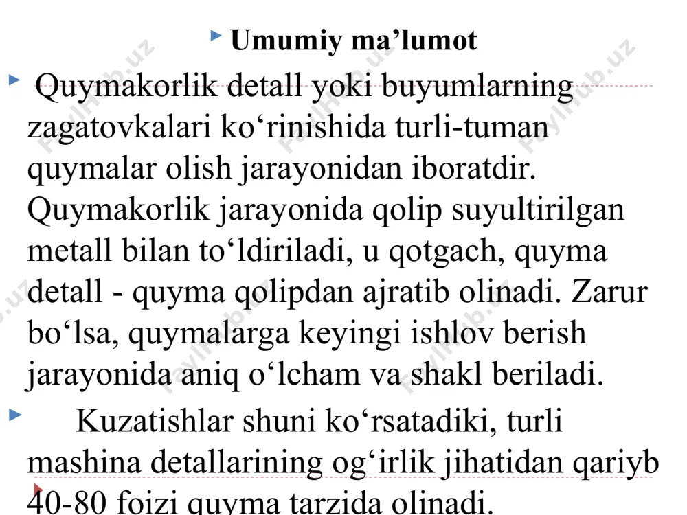 kisliklar bo‘yicha ajratish mumkin. kulrang cho‘yan kokil tayyorlash uchun eng yaxhi materiall hisoblanadi, chunki u metall kokillar uchun qo‘yiladigan asosiy talablarga javob beradi, chunonchi termik toliqishga chidamli, olovbardosh va qiyshayishga qarshiligi katta. davomi kamdan-kam holda kokillar po‘lat va rangli metallardan tayyorlanadi. quymalarda ichki bo‘shliqlar (teshiklar) hosil qilishi uchun у7, у8, у10 va 30xca markali po‘latdan yasalgan metall va gil-qum sterjenlardan foydalananiladi. suyultirilgan metall quyishdan oldin kokilning ish sirti issiqlikni izolyatsiya qiluvchi maxsus bo‘yoq qatlami bilan qoplanadi va kokil qizdiriladi. kokilga quyishdan yirik seriyali va ko‘plab ishlab chiqarishda foydaniladi. qobiq qoliplarga quyish. qobiq qoliplarga quyish. yirik seriyalab va ko‘plab ishlab chiqarishda yuqori aniqlakdagi (12-15 kvalitetlardagi) shakldor mayda va o‘ta muhim quymalar metall modellar yordamida tayyorlanadigan qobiq yarim-qoliplarga quyiladi. bunda qolip aralashmasi mayda kvars, magnezit yoki sirkoniy qumidan (92-95%) va termoreaktiv fenol-formaldegidli smola (5-8%) dan tashkil topadi. bu usulda olingan quyma yirik donli strukturaga ega bo‘ladi, shu sababli kerakli mexanik xossalar olish …