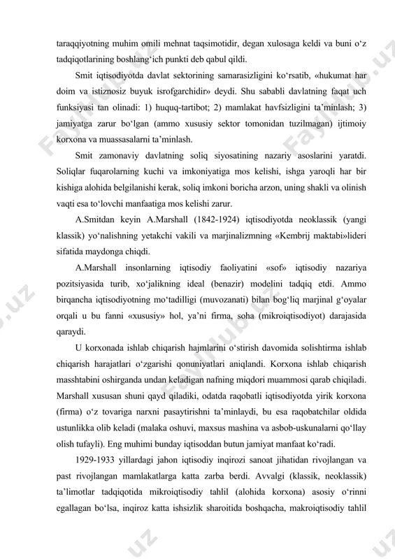 sbob-uskunalarni qo‘llay olish tufayli). eng muhimi bunday iqtisoddan butun jamiyat manfaat ko‘radi. 1929-1933 yillardagi jahon iqtisodiy inqirozi sanoat jihatidan rivojlangan va past rivojlangan mamlakatlarga katta zarba berdi. avvalgi (klassik, neoklassik) ta’limotlar tadqiqotida mikroiqtisodiy tahlil (alohida korxona) asosiy o‘rinni egallagan bo‘lsa, inqiroz katta ishsizlik sharoitida boshqacha, makroiqtisodiy tahlil (davlat, jahon) ga zarurat tug‘ilgan edi. fanning bu sohasida hozirgi davrning taniqli iqtisodchisi j.m.keyns muhim kashfiyotni yaratdi. jon meynard keynsning bosh asari - «ish bilan bandlik, foiz va pulning umumiy nazariyasi» (1936) kitobidir. uning barcha asarlaridagi bosh masala kapitalizmni oqlash, uning inqirozlarsiz rivojini ta’minlashning abadiyligini isbotlashga o‘rinishdir. uning yaratgan nazariyasi iqtisodiyot ta’limotlari tarixida alohida o‘rin egallaydi va bu o‘ziga xos inqilob bo‘lib, hozirgi davrda ham ahamiyatlidir. keyns asosiy asarining boshidayoq klassik maktabga qarshi ekanligini bayon etdi. keyns ta’limotining asosiy va yangi g‘oyasi shuki, bozor iqtisodiy munosabatlari tizimi mukammal va o‘z-o‘zini avtomatik ravishda tartibga sola olmaydi. shu sababli maksimal darajada bandlikni va iqtisodiy o‘sishni …
