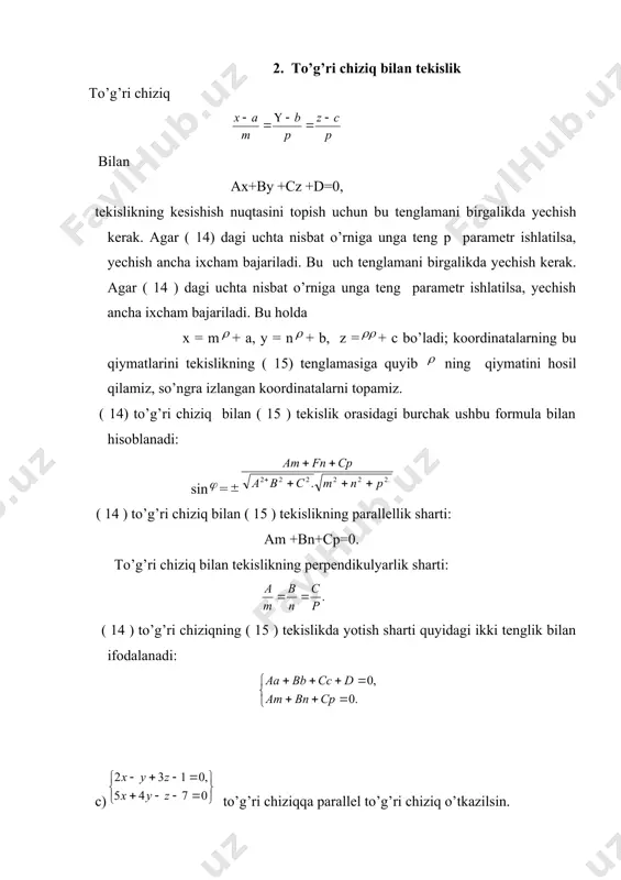 tish sharti quyidagi ikki tenglik bilan ifodalanadi: с) to’g’ri chiziqqa parallel to’g’ri chiziq o’tkazilsin. 828. to’g’ri chiziq bilan 3х + 5у – z -2 = 0 tekislikning kesishish nuqtasi topilsin. 829. kesishish nuqtasi topilsin: а) to’g’ri chiziq bilan 3х – 3у + 2z – 5 = 0 tekislikning; b) to’g’ri chiziq bilan x + 2u -4z +1=0 tekislikning; с) to’g’ri chiziq bilan 3х –у + 2z- 5 =0 tekislikning. 830.tekislik bilan va to’g’ri chiziqlarning kesishish nuqtalaridan o’tuvchi to’g’ri chiziqning tenglamalari tuzilsin. 831. a koeffetsentining qiymati qanday bo’lganda ах + 3у – 5z + 1 = 0 tekislik to’g’ri chiziqqa parallel bo’ladi? 832. a va в koeffetsentilarining qiymatlari qanday bo’lganida ах + ву + 6z – 7 = 0 tekislik to’g’ri chiziqqa perpendikulyar bo’ladi? 833. (+ 3; - 2; + 4) nuqtadan tekislikka perpendikulyar tushirilsin 834. koordinatalar boshidan to’g’ri chiziqqa perpendikulyar tekislik o’tkazilsin. 836. tekshirib ko’rilsin: а) to’g’ri chiziq 4х + …