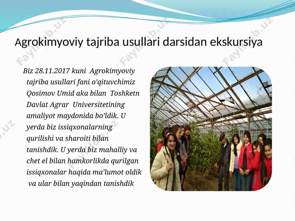 n tiklanadi. issqxonalarning xil-maxil turlari mavjud. issiqxonalar haqida ma’lumot ular foidalanish muddatlari va davomliligiga qarab — qishki hamda bahorgi; vazifasiga koʻra — koʻchat oʻstiriladigan va sabzavot yetishtiriladigan; sabzavotlarni oʻstirish texnologiyasiga qarab — tuproqli va gidropon; ichki jihozlarga qarab — soʻkchakli va tuproqli turlarga boʻlinadi. konstruktiv yechimi jihatdan issiqxonalar nur oʻtkazuvchi nishab tomonlari miqdorita qarab, bir, ikki va koʻp tomonlama nishabli turlarga boʻlinadi issiqxonalar haqida ma’lumot oʻzbekistonda, asosan, pomidor, bodring , rezavor ekinlar, sabzavot oʻsimliklari koʻchati, shuningdek, limon va manzarali oʻsimliklar issiqxonalarda yetishtiriladi. yozi qisqa boʻlgan oʻrta va shim. mintaqalarda issiqxonalarda turli sabzavot va boshqa q. x. ekinlari yil boʻyi oʻstiriladi, hosil olinadi va oʻsimliklarning yangi nav hamda duragaylari yetishtirish va boshqa ishlari olib boriladi issiqxonalar haqida ma’lumot qishki issiqxonalarlar yil boʻyi foydalanishga moʻljallangan boʻlib, ularda sabzavotlar bahorgi issiqxona, parniklar, ilitilgan yorlarla oʻstirish uchun koʻchatlar yetishtiriladi. u metall yoki temir-betondan ishlanadi. bahorgi issiqxona lar yengil kon-struksiyalardan sabzavotlar yerda oʻstiriladigan qilib quriladi. …