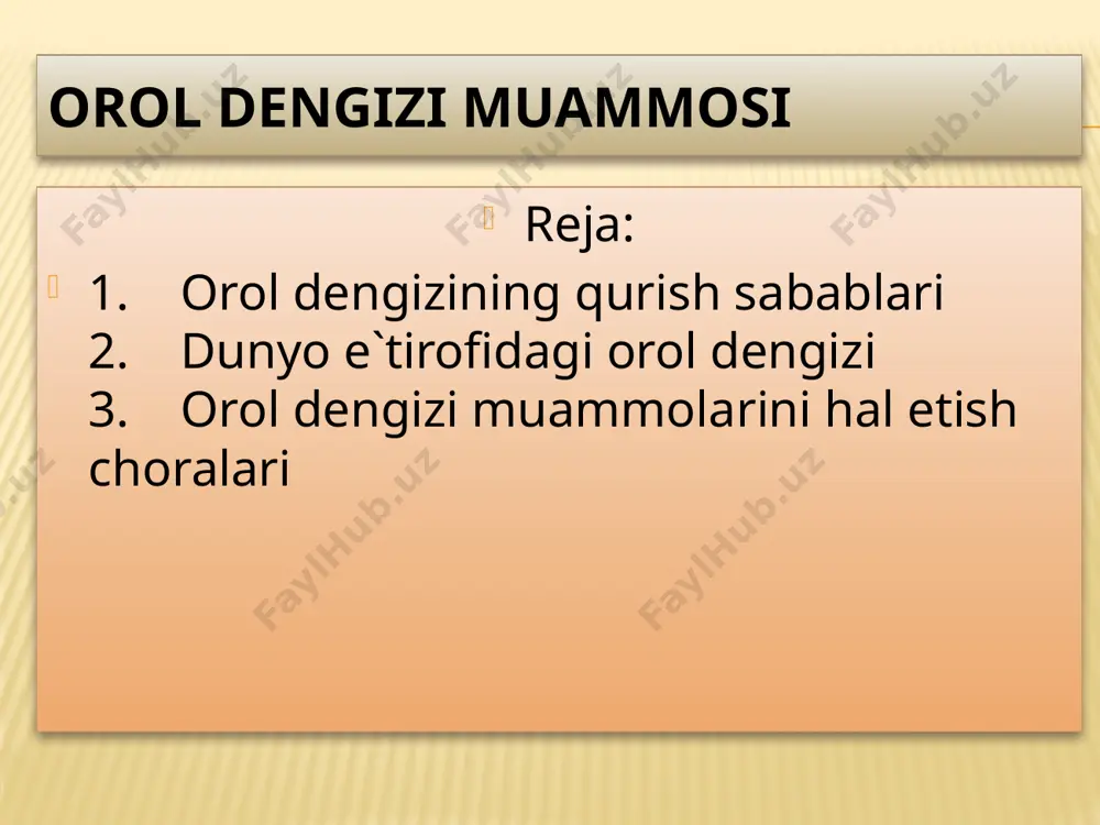 lishi; 3.xosildorli past,sug’orish qiyin bo’lgan yangi ekin maydonlarini ochish va sug’orish ishlari sifatiga e’tibor bermaslik; orol dengizi muommasining kelib chiqishining yana bir sababi,ayrim suv omborlarini noqulay joylarga qurilganidir. xozirgi kunda o’rta osiyoda respublikalari xududida 50dan ortiq suv omborlari mavjud,ular juda ko’p miqdordagi suvning bexuda bug’lanishi va erga singib,yon atrofdagi erlarning meliorativ holatining yomonlanishiga olib keldi. 4.sug’orish tizimlarini loyihalash,qurish va foydalanish ishlarining sifatsiz bajarilishi; 5.sug’orilish me’yorlarini joyni,iqlim sharoitlarini xisobga olmasdan,yuqori xosildorlikka erishish maqsadida noto’g’ri nelgilash; 6.mintaqani iqtisodiy rivojlantirishda atrof-muhitga salbiy ta’sir etish mumkin bo’lgan jarayonlarni ilmiy asoslanmaganligi; 7.mahalliy aholi turmush darajasini yaxshlishga qaratilgan ijtimoiy siyosatning kuchsizligidir. orol dengizi xavzasidagi ichki suv resurslarni dengizga burish.bunda asosan kollektor-drenaj tizimlari suvlarini dengizgacha oqib borishini ta’minlash; suvni boshqa suv xavzalaridan oqizib keltirish.dengizdan tashqarida joylashgan sariqamish,dengizko’l,sultontog’,naxangko’l,arnasoy,aydar va sudoche tashlama ko’llar suvlarni orolga quyish; sug’orish tizimlari samaradorliginin oshirish,sug’orish texnologiyasini yaxshilash,suv resurslarini xududiy qayta taqsimlash xisobiga tejab qolinadigan suvlarni orolga oqizish suv zaxiralarining sifati eng muhimi muammolardan biridir. …