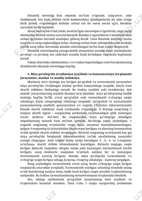 l chalsa, qochib qutilish shartli refleksi va qo‘rqish yuzaga keladi. , holbuki, shu avtomobil signalini shoshib turgan odam eshitsa unga intiladi va xursand bo‘ladi. 3. dinamik stereotip ma’lumki, tabiiy holda organizmga tashqi va ichki muhitdan xilma-xil oddiy hamda murakkab ta’sirotlar berilib ularga nerv sistemasi tomonidan tegishli javob qaytariladi. agar ta’sirotlar ma’lum bir sharoitda birin-ketin berib borilsa va bu narsa takrorlanaversa markaziy nerv tizimida ularga nisbatan hosil bo‘lgan javob yoki sharatli reflektor reaksiyalar ma’lum bir tartibga kirib qoladi. ta’sirotlar tartibiga qarab, javobning mos holda (o‘sha sharoitda) yuzaga kelishi dinamik stereotip yoki funksional sistemalilik deyiladi. (i.p.pavlov). dinamik stereotip hosil qilingan yoki ma’lum funksional sistemalilikka kirgan hatti-harakatlarni bajarish alohida e’tibor, katta kuch talab qilmasdan osonlik bilan amalga oshiriladi, odam bunday ishlardan charchamaydi. bunday holatni sportda ko‘p uchratish mumkin, masalan turnikda har xil mashqlarni kompleks holda bajarish o‘rganmagan odamga nihoyatda murakkab va og‘ir tuyuladi. mashq qilaverish natijasida harakatlar yaxshi o‘zlashtirilib dinamik stereotip darajasida shakllanganidan …
