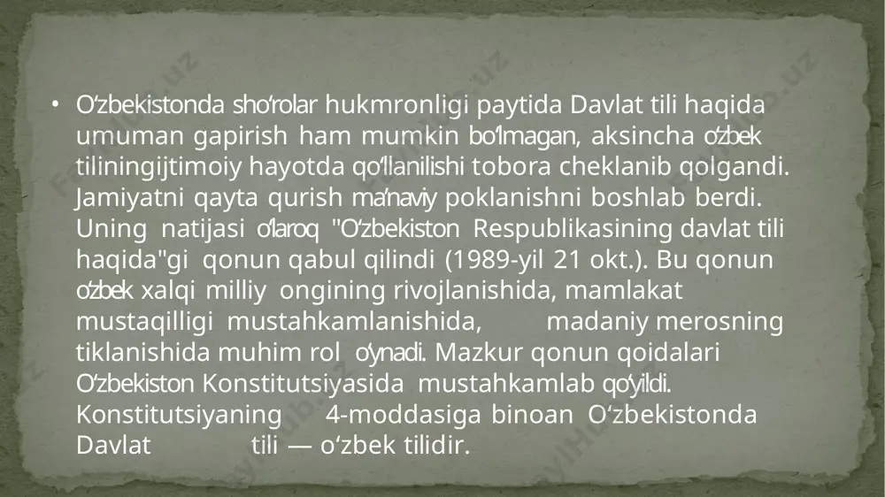 kabi bir qancha vazifalarni amalga oshirish belgilandi. bu hujjat yurtimizda tilimiz rivoji, uni saqlash va rivojlantirish yo‘lida amalga oshirilayotgan ishlarni yangi bosqichga olib chiqdi. va, guvohi bo‘lib turganimizdek, mamlakatimizda ushbu hujjatda ko‘zda tutilgan vazifalarni amalga tatbiq etish borasida sezilarli ishlar olib borilyapti. ma’lumotlarga ko‘ra, dunyoda 50 milliondan ziyod aholi o‘zbek tilida so‘zlashadi. bu ona tilimizning dunyodagi yirik tillardan biri ekanidan dalolat. bugungi kunda ona tilimiz siyosiy-huquqiy, ijtimoiy-iqtisodiy, ma’naviy-ma’rifiy jabhalarda faol qo‘llanilib, jahon minbarlarida baralla yangramoqda. prezidentimizning bmt bosh assambleyasining 75-sessiyasida o‘zbek tilida nutq so‘zlashi esa tilimizning jahon miqyosidagi nufuzini yana bir bor mustahkamladi. o‘zbekiston respublikasining “davlat tili haqida”gi qonunida belgilab qo‘yilgan muhim vazifalar o‘zini shu mamlakat fuqarosiman deb bilgan inson uchun o‘zbek tilini bilishi qanchalar zarur ekanligini yaqqol ko‘rsatib turibdi. o‘zbekiston respublikasi prezidentining “o‘zbek tilining davlat tili sifatidagi nufuzi va mavqeini tubdan oshirish chora-tadbirlari to‘g‘risida” 2020 yil 21 oktyabrdagi farmoni 31 yil oldin qabul qilingan qonunda ta’kidlanganlarni unutganlar yoki bu …