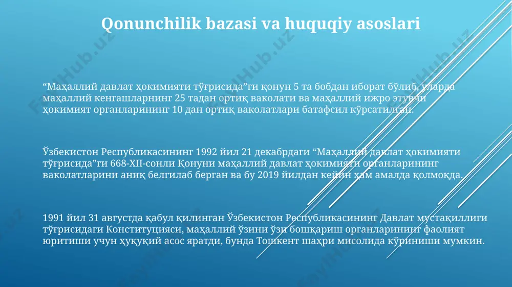 та вилоятда маҳаллий ўзини ўзи бошқариш органларининг рақамлаштириш даражаси 20% га оширилди. жанубий корея билан ҳамкорликда 150 миллион ақш доллари миқдоридаги лойиҳалар амалга оширилиб, 5000 дан ортиқ янги иш ўринлари яратилди, бу маҳаллий ҳукуматларнинг самарадорлигини оширди. халқаро ҳамкорлик доирасида 2022 йилда ўзбекистон 50 дан ортиқ давлат билан 100 дан зиёд битим имзолаб, инвестицияларни жалб қилиш ва савдо-иқтисодий алоқаларни ривожлантиришга эришди. mahalliy davlat hokimiyati organlarining vakolatlari хокимлар ўзбекистон республикасининг 2003 йил 6 апрелдаги 422-ii-сонли қонунига мувофиқ, ўз ҳудудидаги 12 тагача секторга масъул бўлиб, уларнинг фаолиятини мувофиқлаштиришни амалга оширадилар. наманган вилоятидаги маҳаллий кенгашлар аҳолининг 200 000 дан ортиқ аъзосини вакиллик қилиб, бюджетни тасдиқлаш ва маҳаллий солиқларни белгилаш бўйича ҳуқуқларга эгадир. тошкент шаҳридаги маҳаллий давлат ҳокимияти органларининг ваколатларига 30 дан ортиқ туман ва шаҳарларни ўз ичига оладиган, ижтимоий-иқтисодий ривожланиш бўйича режаларни ишлаб чиқиш ва амалга ошириш киради. muammolar va kamchiliklar 2022 йилги маълумотларга кўра, тошкент вилоятининг 5 та туманида маҳаллий ўзини ўзи бошқариш …