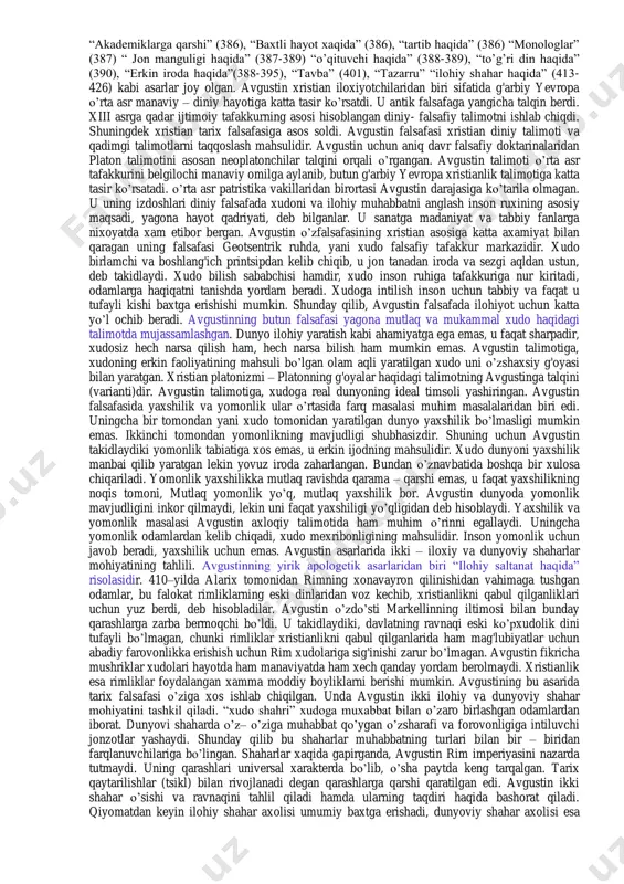 ullarini qo’lladilar. sharqdan kelgan dinlarning tarqalishi imperiyaning o’zida turli bidatchi diniy yo’nalishlarning faoliyat ko’rsatishi manaviy va mafkuraviy vaziyatni yanada murakkablashtirdi. mana shunday sharoitda xristianlik inson va jamiyatni manaviy poklikka, ruhiy kamolotga olib boradigan talimot ekanligini asoslash shu talimotni ximoya qilish, yani apologik (yun. orologia – biron narsani yoki kimsani himoya qilish) tadbir ko’rish ehtiyoji tug'ildi. ii va iii asrda xristianlik tarixida apologetika yoki apologetlar davri vujudga keldi. apologetika so’zining lug'aviy manosi himoya qiluvchi demakdir. yani xristian diniy aqidalarini turli xujumlardan himoya qilishdir. apologetlar davlatining xristianlikka nisbatan dushmanligini bartaraf qilishga intilishi bilan birgalikda o’zlarining asarida xristianlik talimotini asrashga qolaversa, rim saltanatini oqlab bo’lmasligini ko’rsatishga harakat qildilar. afinada misrlik oilada tug'ilgan kliment xristian falsafasini ishlab chiqishga harakat qilgan apologetlardan biridir. u platonizm va stoitsizmni chuqur o’rgangan, xristianlikni qabul qilganidan keyin ham falsafaga nisbatan hurmatini saqlagan. uning fikricha yunon falsafasini xristianlik bilan shunday sog'lomlashtirish kerakki, undaki har bir odam xristian falsafasini qimmatini ko’ra …