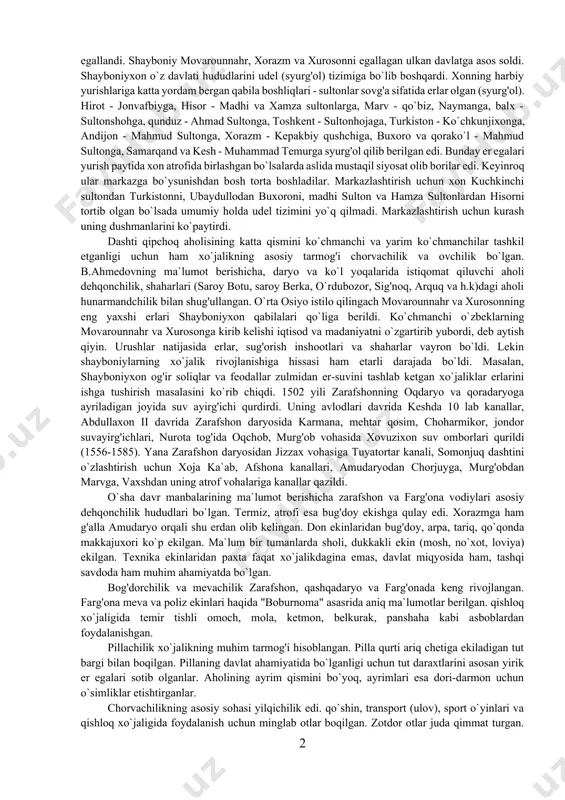 be noyon va subatay bahodir tomonidan bosib olingan. 1236 yildan dashti qipchoq botuxonga tegishli bo`ladi va jo`ji ulusi nomi bilan atalgan. (chingizxon o`z erlarini uluslarga ajratganida dashti qipchoq jo`jiga berilgan). dashti qipchoq ikki qismga ajraladi: yoyiq (ural) daryosi va sirdaryoning quyi oqimidan to balxash ko`ligacha bo`lgan sharqiy hamda yoyiq va volga daryosidan to dneprgacha bo`lgan (volganing o`rta va quyi oqimi, qrim va janubiy rossiya erlari) g'arbiy qismlar. xv asrning 20-yillaridan boshlab dashti qipchoq erlarini abulxayrxon birlashtiradi va ko`chmanchи o`zbeklar davlatiga asos soladi (jo`jining beshinchi o`g'li shaybon naslidan) abulxayrxon davlatining kuchayishi temuriylarning inqiroz davriga to`g'ri keladi. 1440 yillarda abulxayrxon dashti qipchoq vа movarounnahr o`rtasida savdo yo`llari chorrahasi hisoblangan sig'noq, oq qo`rg'on, arquq, smuzoq va o`zgand shaharlarini bosib oladi. 1948 yili samarqandga yurish qilib uni talaydi. dashti qipchoq vа movarounnahr tarixiga oid muhim davr bu muhammad shayboniyxon bilan bog'liq. u 1480 yili ilgarigi o`zbeklar davlati shuhratini tikladi. 1499 yil movarounnahrni zabt etishni …