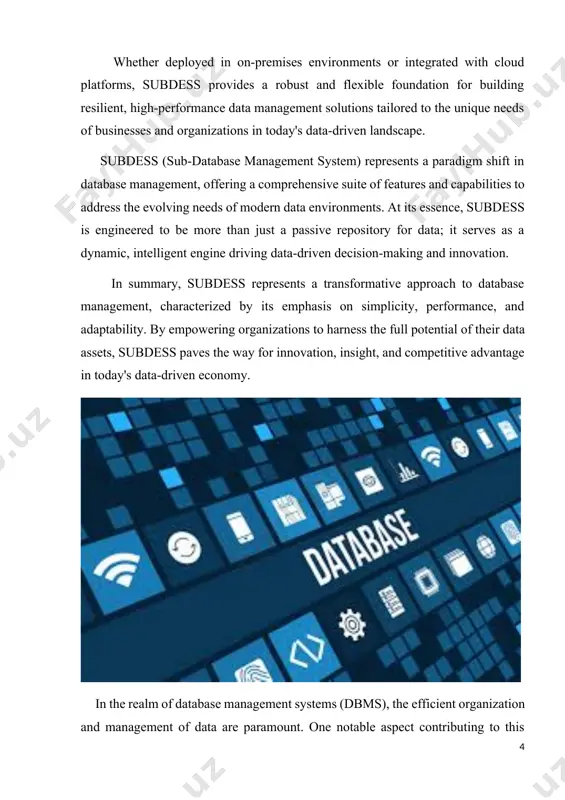 d reliability of the database. scalability: as data volumes continue to grow exponentially, scalability becomes a critical factor for any dbms. subdess addresses this challenge by offering seamless scalability, allowing organizations to expand their databases effortlessly to accommodate increasing data loads and user demands. whether it’s adding new servers, partitions, or nodes, subdess ensures that scalability is never a bottleneck, enabling businesses to scale their operations without compromising performance. concurrency control: in a multi-user environment, concurrency control is essential to prevent data inconsistencies and conflicts arising from concurrent access to the database. subdess implements sophisticated concurrency control mechanisms, ensuring that multiple users can access and modify the same data simultaneously without compromising its integrity. by managing concurrency effectively, subdess fosters collaboration and enhances productivity within organizations. security: the security of data is of paramount importance in today’s digital landscape, and subdess prioritizes data security with robust security features. from user …