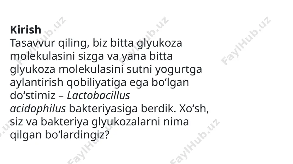 hayvonlarda va odamda esa, kislorod zahirasi tugab borayotganda, ushbu kislota mushaklarda sut kislotasiga aylana boshlaydi. hammamizga tanish bo‘lgan, qattiq jismoniy zo‘riqishdan keyingi mushaklarning toliqishi hissiyotini aynan shu sut kislotasi keltirib chiqaradi. image1.jpeg image2.jpeg image3.jpeg /docprops/thumbnail.jpeg