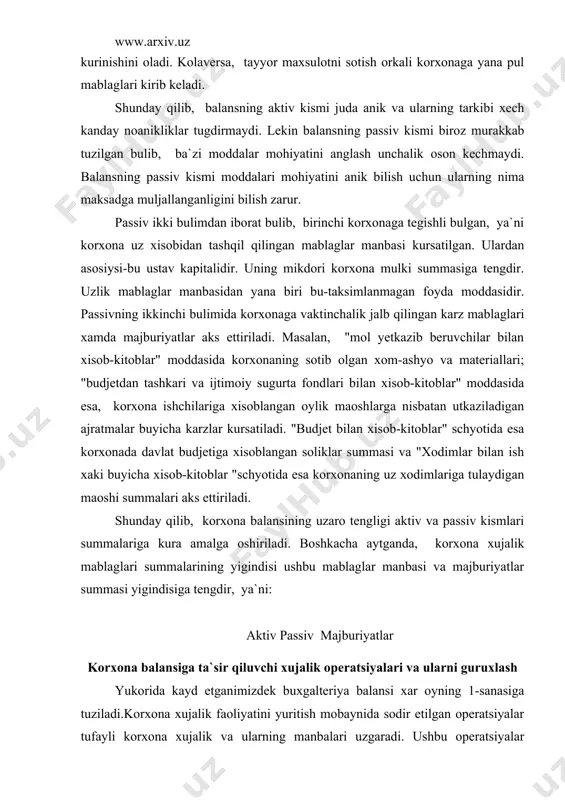 materiallar kassa xisob-kitob schyoti balans 350 000 100.000 100 49 900 500 000 ustav kapitali taksimlanmagan foyda bank kreditlari mol yetkazib beruvchilar bilan xisob-kitoblar balans 400.000 30.000 20.000 50 000 500 000 birinchi operatsiya: korxona xodimlariga ish xaki berish uchun xisob-kitob schyotida kassaga 12 100 sum pul olindi, bunda balansning aktiv kismida joylashgan kassa va xisob-kitob schyotlari buyicha operatsiyalar sodir etildi. korxona kassasidagi pul mikdori 12 100 sumga kupaydi, xisob-kitob schyotida esa, shuncha mikdorga kamaydi.balansning aktiv kismi bir moddasi kupayib, ikkinchisi kamaydi, lekin jami summa uzgarishsiz koldi. aktiv summa passiv summa 1.asosiy vositalar materiallar kassa xisob-kitob schyoti balans 350 000 100.000 12 200 37 800 500 000 ustav kapitali taksimlanmagan foyda bank kreditlari mol yetkazib beruvchilar bilan xisob-kitoblar balans 400.000 30.000 20.000 50 000 500 000 ikkinchi operatsiya: mol yetkazib beruvchilar karzi bank kreditlari xisobidan koplandi bunda mol yetkazib beruvchilar karzi uzilib, bank karzlari mikdori kupaydi. aktiv summa passiv summa …