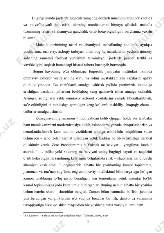 ham mamlakatimizni modernizatsiya qilish, islohotlarni yanada chuqurlashtirish va demokratlashtirish kabi muhim vazifalarni amalga oshirishda sidqidildan vatan uchun jon – jahdi bilan xizmat qiladigan yetuk kadrlar bo’lib yetishishga harakat qilishimiz kerak. zero prezidentimiz “ yuksak ma’naviyat – yengilmas kuch “ asarida “ … millat yoki xalqning ma’naviyati uning bugingi hayoti va taqdirini o’sib kelayotgan farzandining kelajagini belgilashda shak – shubhasiz hal qiluvchi ahamiyat kasb etadi ” deganlarida albatta biz yoshlarning kamol topishimiz, jismonan va ma’nan sog’lom, eng zamonaviy intellektual bilimlarga ega bo’lgan zamon talablariga to’liq javob beradigan, har tomonlama yetuk insonlar bo’lib kamol topishimizga juda katta umid bildirganlar. buning uchun albatta biz yoshlar uchun barcha shart – sharoitlar mavjud. zamon bilan hamnafas bo’lish, jahonda yuz beradigan yangiliklardan o’z vaqtida boxabar bo’lish, dunyo va vatanimiz taraqqiyotiga hissa qo’shish maqsadida biz yoshlar albatta xorijiy tillarni ham chuqur bilishimiz zarur. “ hozirgi paytda xorijiy tillarni o’rganish va o’rgatishga yurtimizda katta ahamiyat berilmoqda. bu ham, …