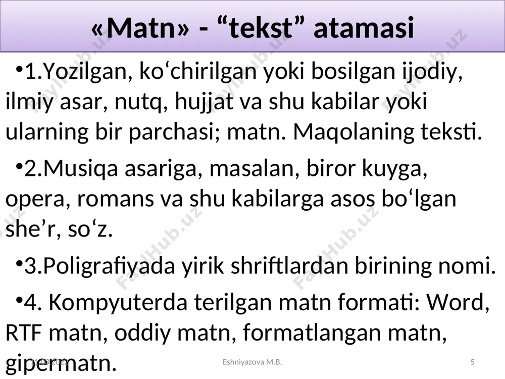 oqqa aylanib ketdi. bu suhbatni butunlay unutib yuborgan edim. qaysi kuni ertalab hovlida aylanib yursam, qo‘shnimizning yetti yashar qizchasi nilufar chiqib qoldi. oppoq bantik taqib, atlas ko‘ylak kiyib olibdi. — ha, nilu, yasanib olibsan, mehmonga ketyapsanmi? — dedim erkalab. — bugun man tug‘ildim, — dedi u qop-qora ko‘zlarini pirpiratib jilmayarkan. — iya, yubilyar ekansan-da, shoshmay tur-chi, hozir... uydan bir hovuch konfet olib chiqdim. — mana, o‘rtoqlaring bilan ye. nilufar kattalardek jiddiy bosh chayqadi: — men ishkalad yemayman. tishim tushgan. — keyin yana o‘sha jiddiy ohangda qo‘shib qo‘ydi: — bultur poshsha buvim menga tufli olib beruvdilar. tug‘ilganimda. — qizcha o‘ylanib qoldi. — keyin-chi, bahoga uch oyoqli velosiped, baxtiga ko‘ylak... qo‘limdan konfet tushib ketdi. 11.03.2022 * eshniyazova m.b. eshniyazova m.b. sohaga oid matn namunasi barcha tirik organizmlar hayotining asosini moddalar almashinuvi jarayoni tashkil etadi. moddalar almashinuvi jarayoni iste’mol qilingan ozuqalarni hazmlanish organlarida parchalanishi natijasida hosil boʻlgan mahsulotlarni organizmning ichki muhitiga, qonga, limfaga …