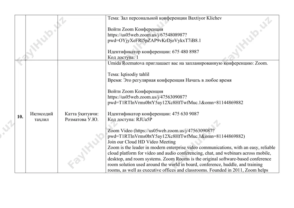 tid=lpqaemq2rfqm6ldsi11hkw войти zoom конференция https://us06web.zoom.us/j/81453193491?pwd=atbjdq8mqoqpgtbldnzedcwrs9hba8.1 идентификатор конференции: 814 5319 3491 код доступа: 836407 --- 13. иқтисодий таҳлил катта ўқитувчи: қулдошева х. quldosheva xolisa приглашает вас на запланированную конференцию: zoom. тема: zoom meeting invitation - zoom meeting quldosheva xolisa время: 2 окт. 2024 08:30 am исламабад, карачи, ташкент раз в неделю в ср, 53 событие(й) загрузите и импортируйте следующие файлы icalendar (.ics) в вашу систему календарного планирования. еженедельно: https://us06web.zoom.us/meeting/tzytduiqrj0jgndbr50pcixplntnled2wpav/ics?icstoken=98tykugqrjorgnsturuerpwqaoj4d-rzicfejy1zvi2wuxbwazvmoux2hl56firh&meetingmastereventid=gngs77i4q8okjqh9wediew войти zoom конференция https://us06web.zoom.us/j/82011206923?pwd=fofuuaedjiiyhqe9vr4hfh0ijmi8bu.1 идентификатор конференции: 820 1120 6923 код доступа: 915383 --- 14. иқтисодий таҳлил доц.абдужабарова м. iqtisodiy tahlil mamura abdujaborova войти zoom конференция https://us04web.zoom.us/j/78724997371?pwd=2ludh6qzjwlssixvbhf1cegkb5tqui.1 идентификатор конференции: 787 2499 7371 код доступа: 2qb6mn zoom video (https://us04web.zoom.us/j/78724997371?pwd=2ludh6qzjwlssixvbhf1cegkb5tqui.1) join our cloud hd video meeting zoom is the leader in modern enterprise video communications, with an easy, reliable cloud platform for video and audio conferencing, chat, and webinars across mobile, desktop, and room systems. zoom rooms is the original software-based conference room solution used …